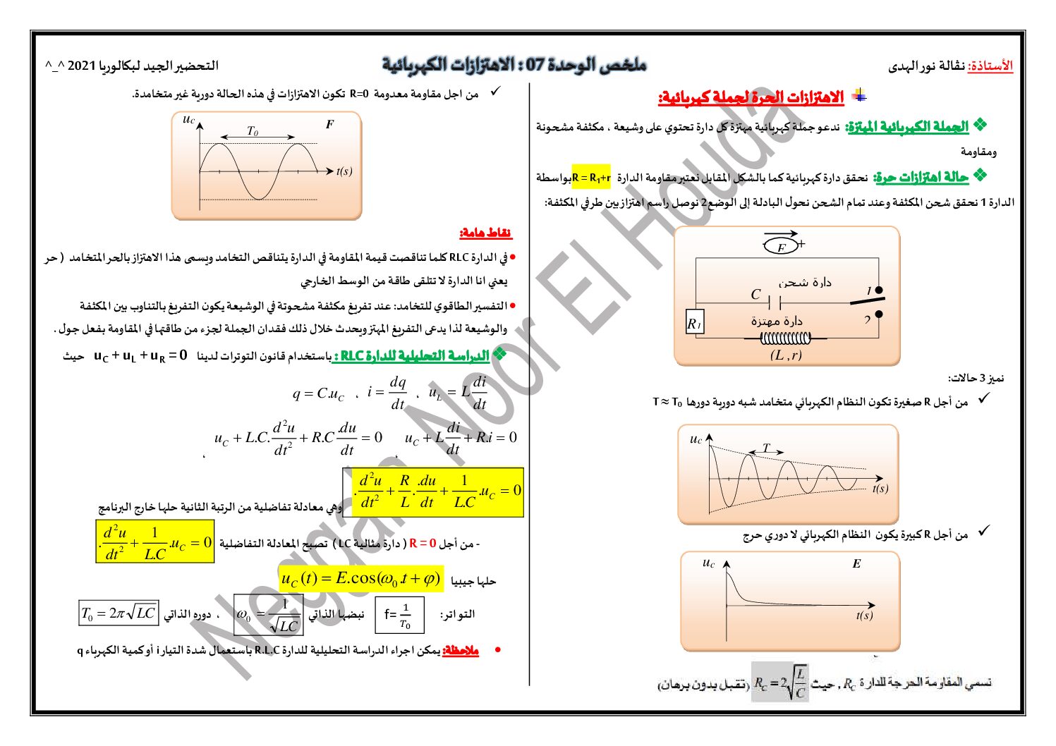 ملخص الوحدة 07 الاهتزازات الكهربائية للاستاذة نالة نور الهدى 3 ثانوي