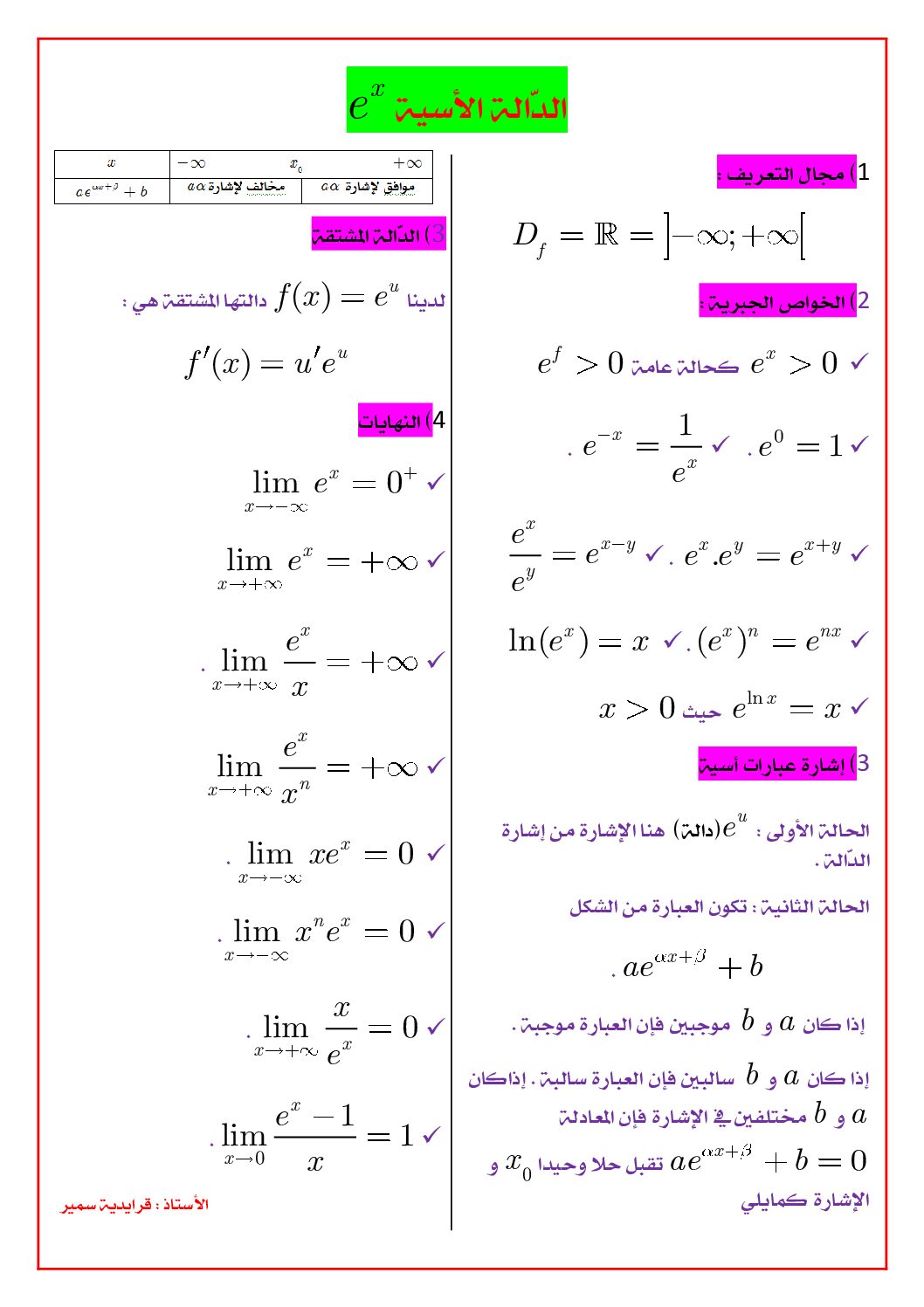 ملخص بسيط هم المعارف و الخواص في الدالة الأسية للأستاذ قرايدية سمير 3 ثانوي