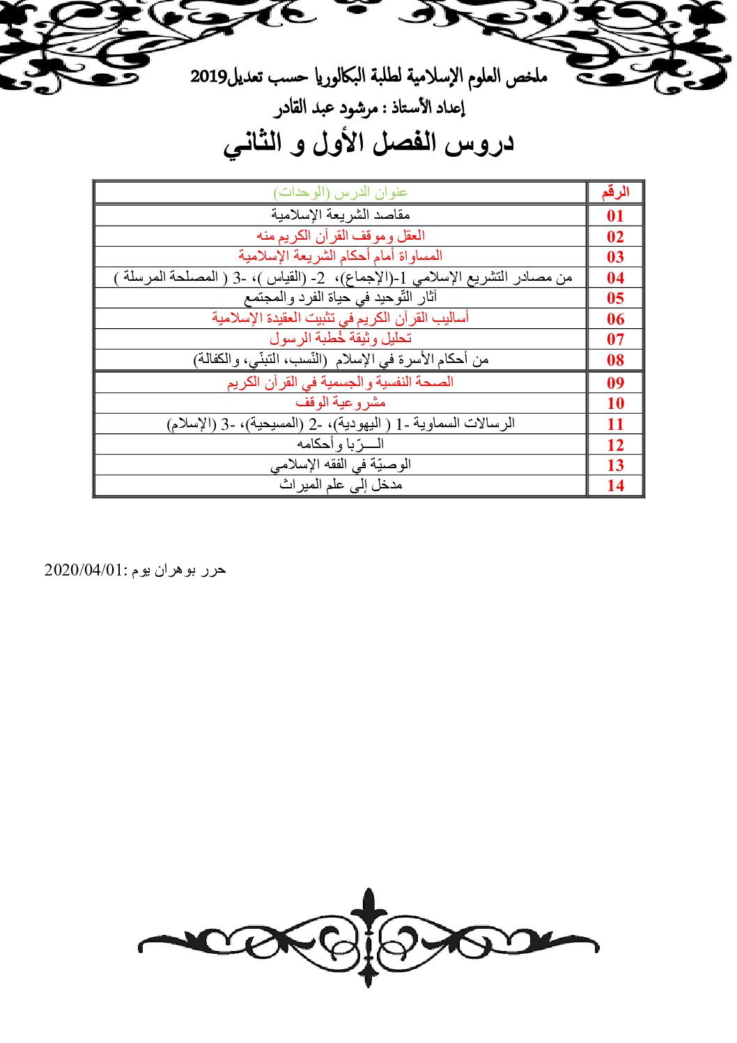 ملخص دروس الفصل الاول والثاني في العلوم الاسلامية للأستاذ مرشود عبد القادر 3 ثانوي