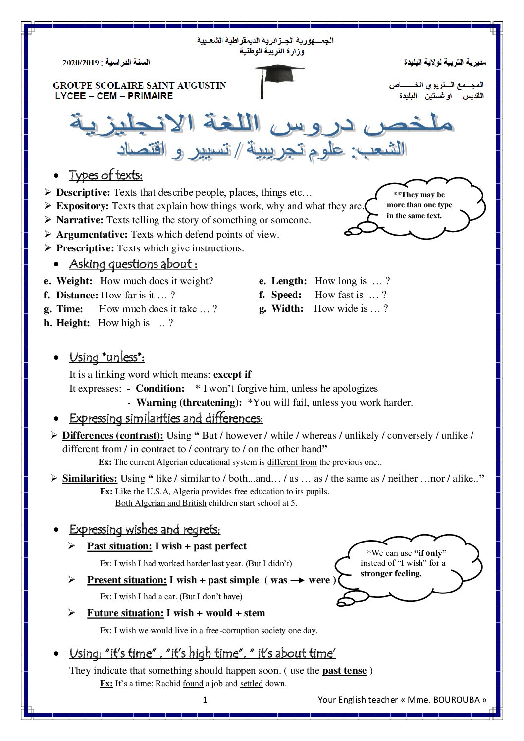 ملخص دروس اللغة الانجليزية للشعب العلمية 3 ثانوي
