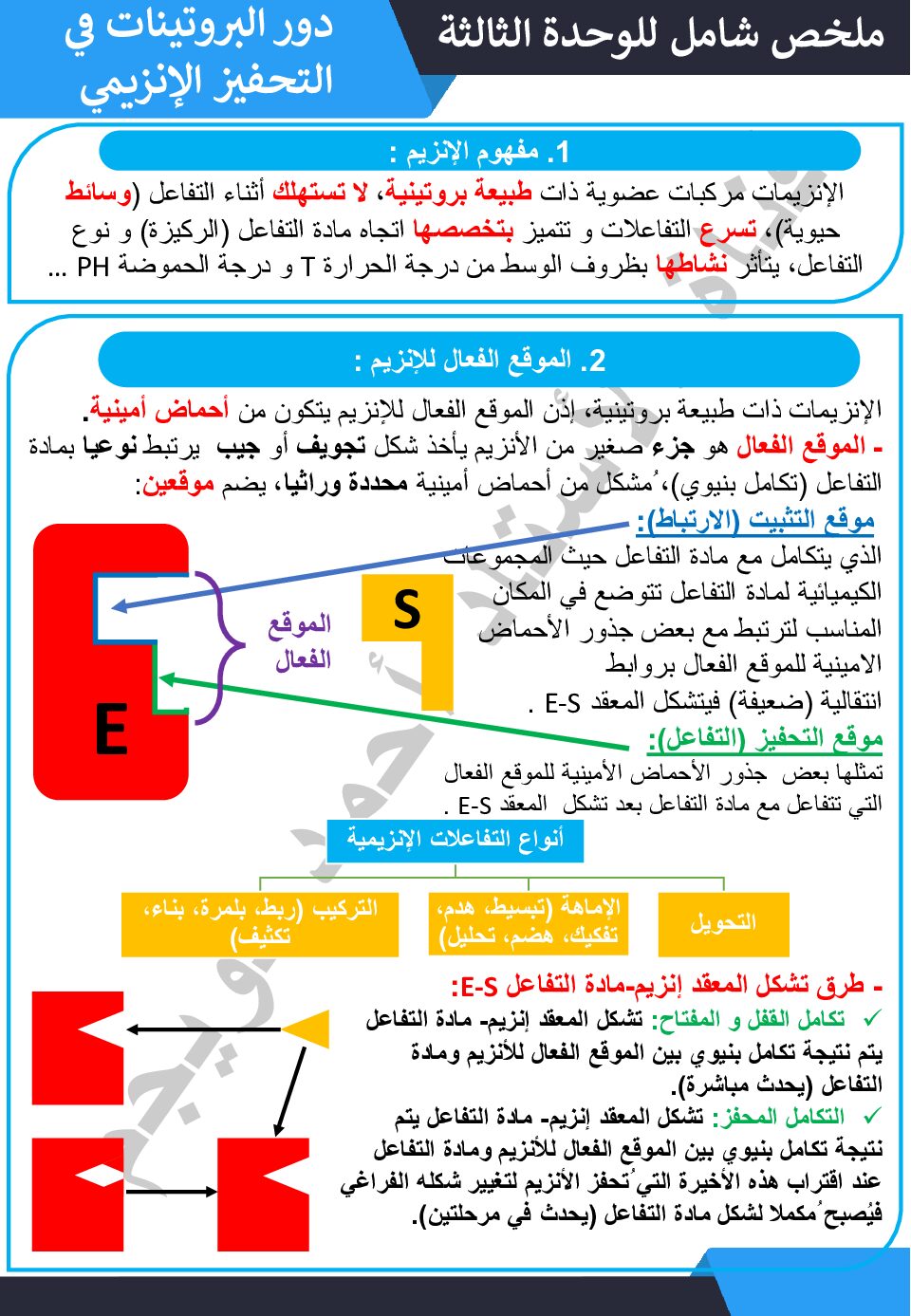 ملخص شامل لوحدة دور البروتينات في التحفيز الانزيمي للأستاذ أحمد نويجم 3 ثانوي