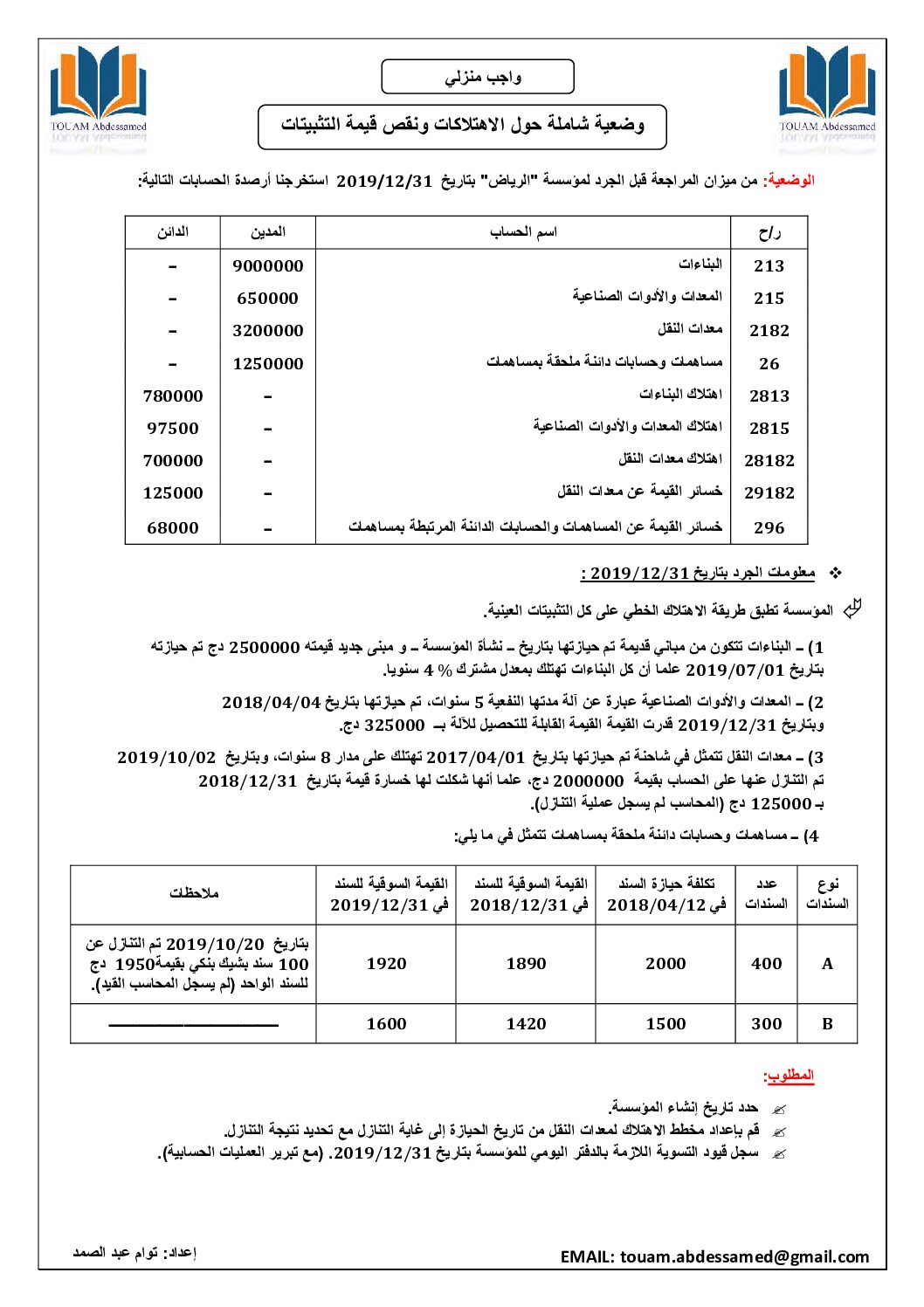واجب منزلي في التسيير المحاسبي السنة الثالثة ثانوي رقم 4 مع التصحيح
