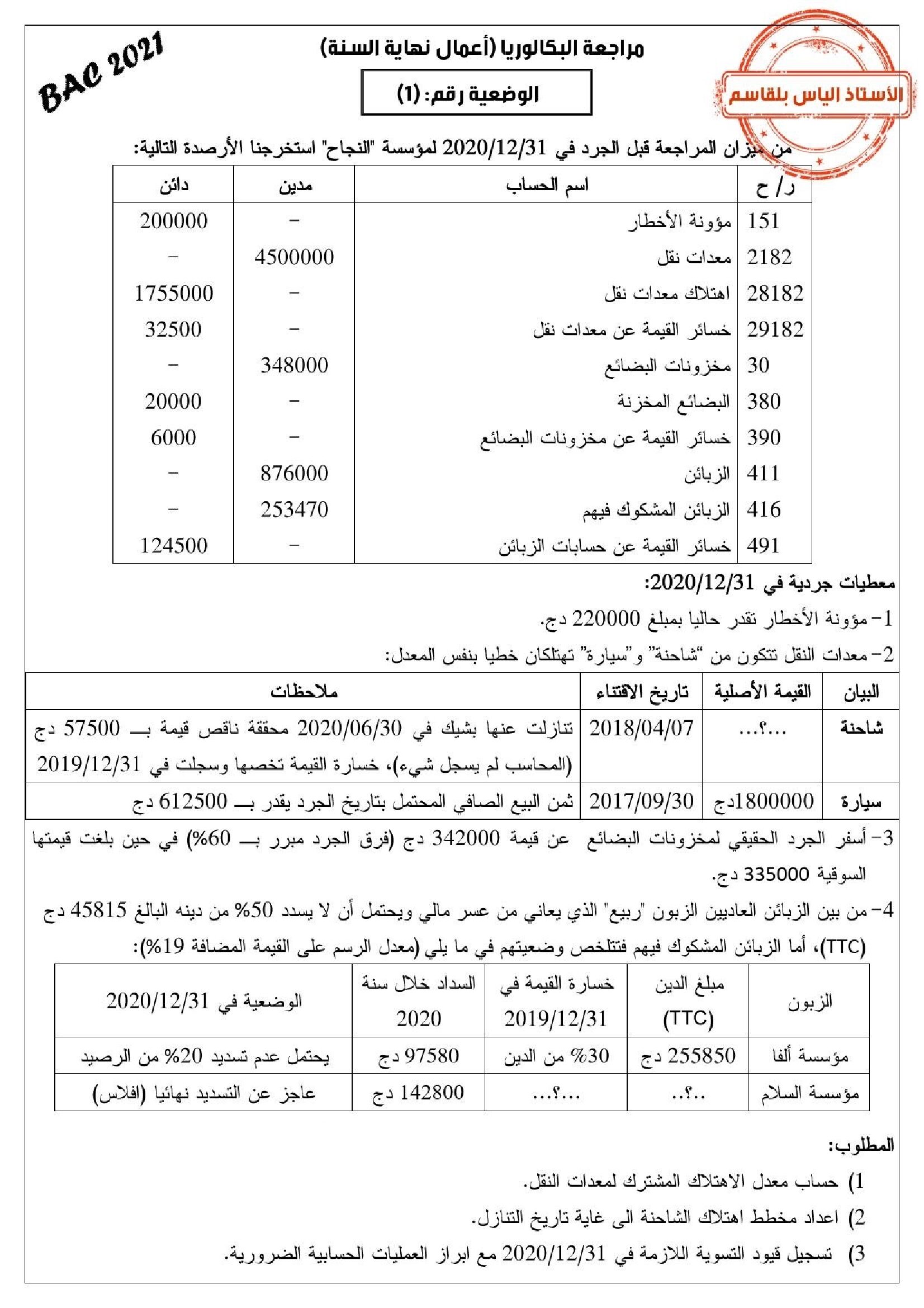 وضعية مع الحل في أعمال نهاية السنة في المحاسبة للأستاذ الياس بلقاسم 3 ثانوي