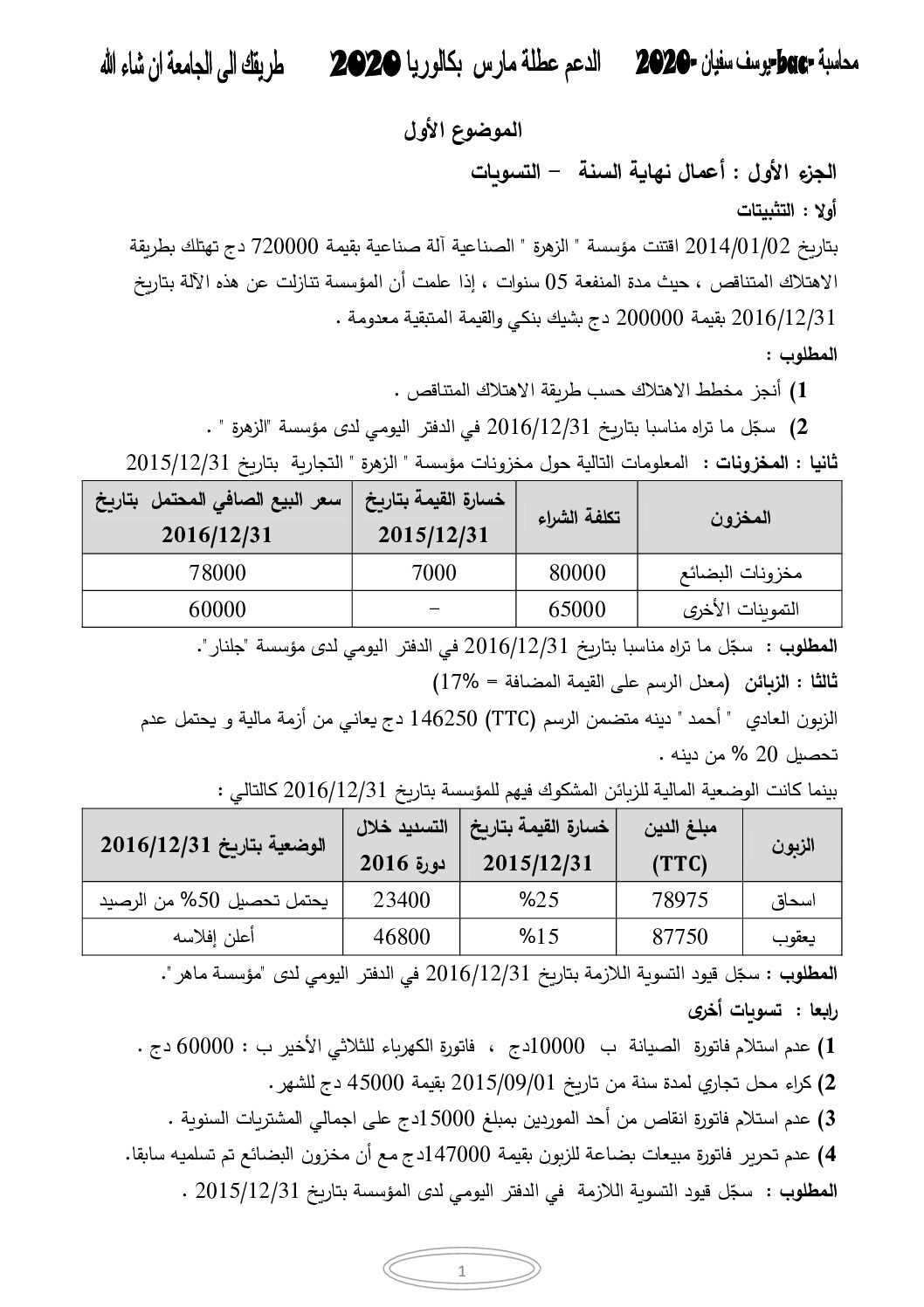 15 موضوع في المحاسبة من إعداد الأستاذ يوسف سفيان 3 ثانوي