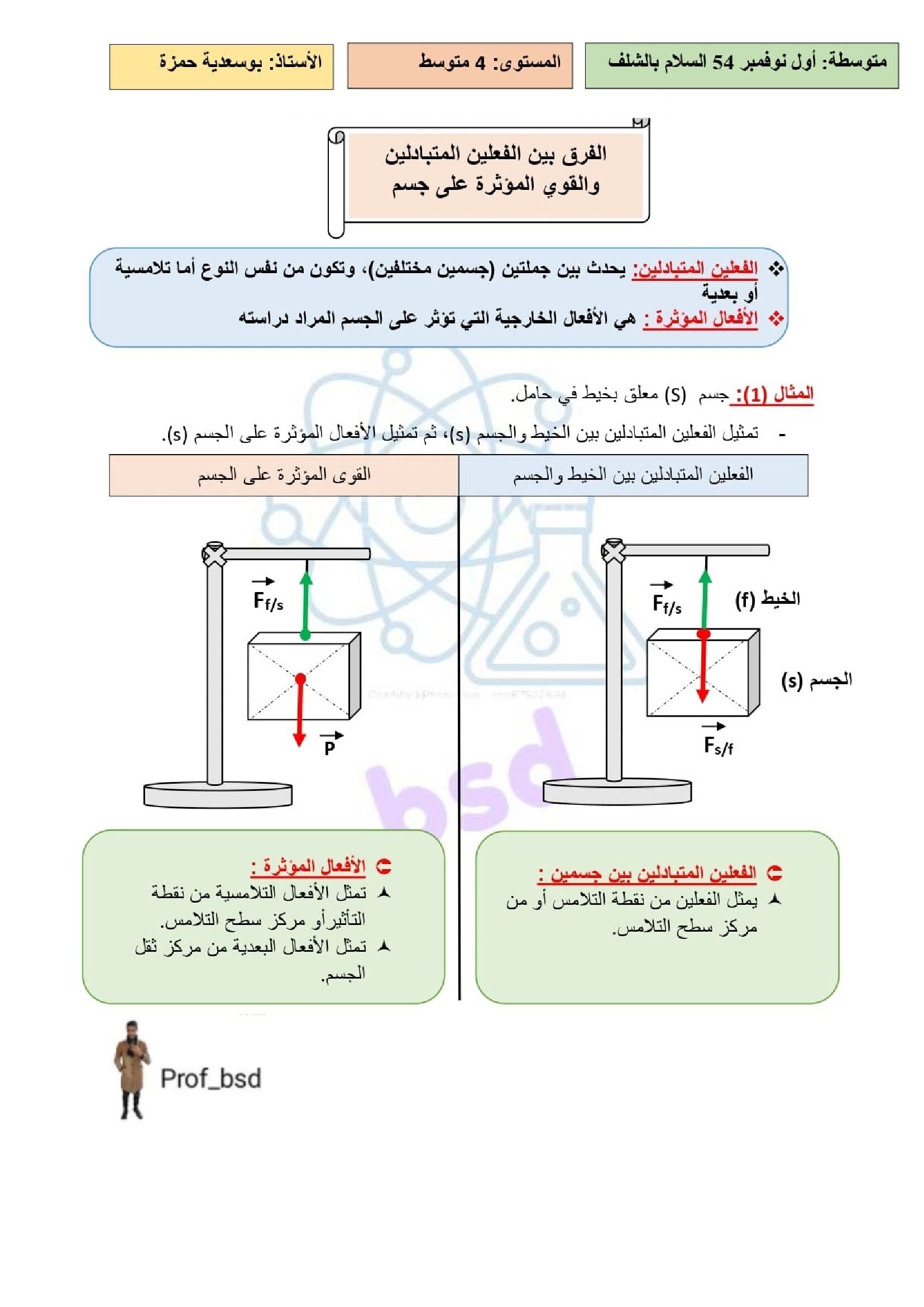 الفرق بين الفعلين المتبادلين و القوى المؤثرة على جسم في الفيزياء 4 متوسط