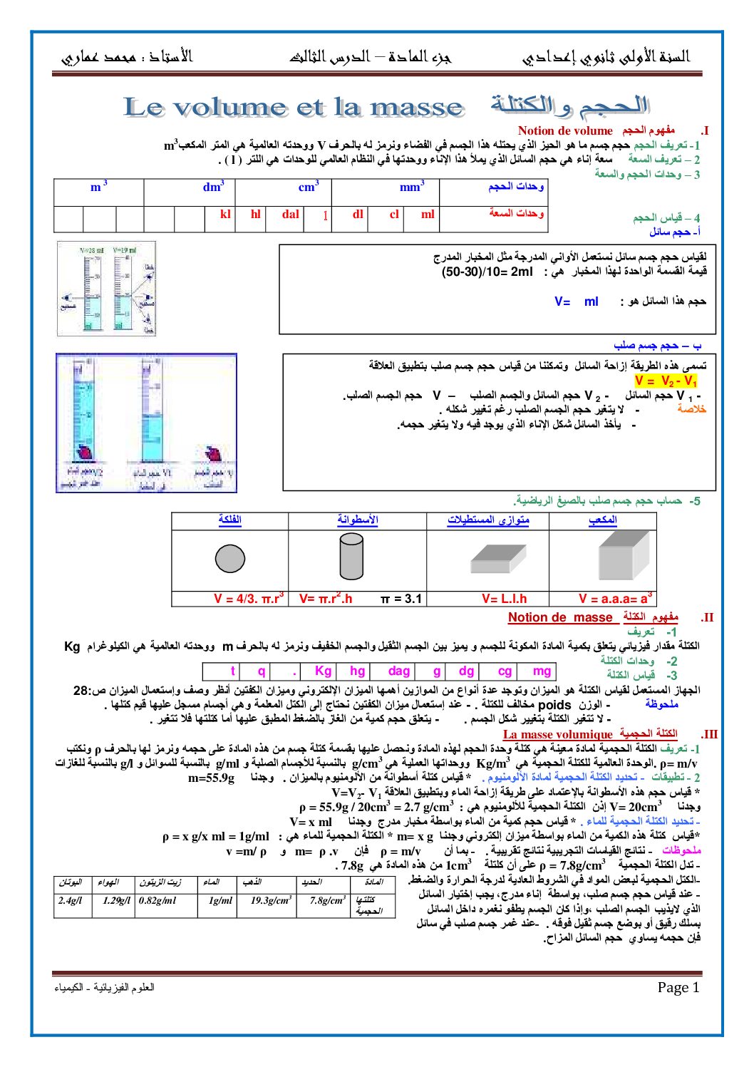 المستوى الأول درس الحجم والكتلة علوم فيزيائية 4 متوسط