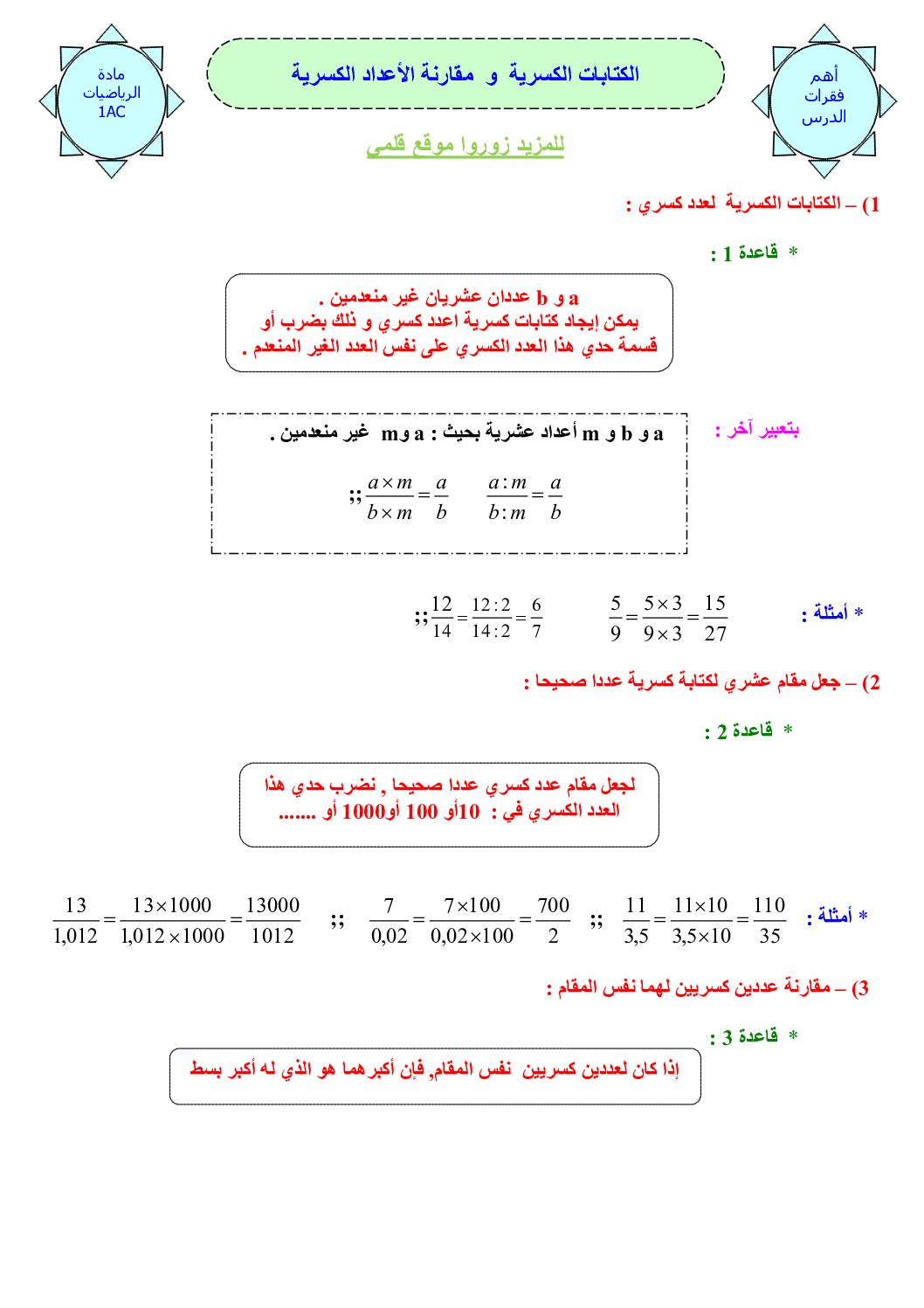 المستوى الأول درس الكتابات الكسرية و مقارنة الأعداد الكسرية رياضيات 4 متوسط