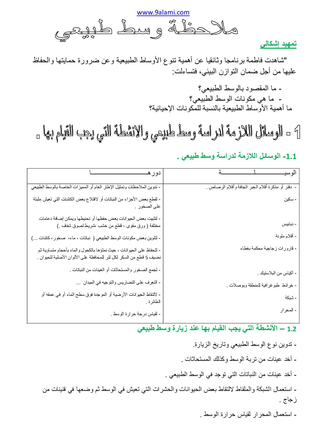 المستوى الأول درس ملاحظة وسط طبيعي علوم طبيعية 4 متوسط