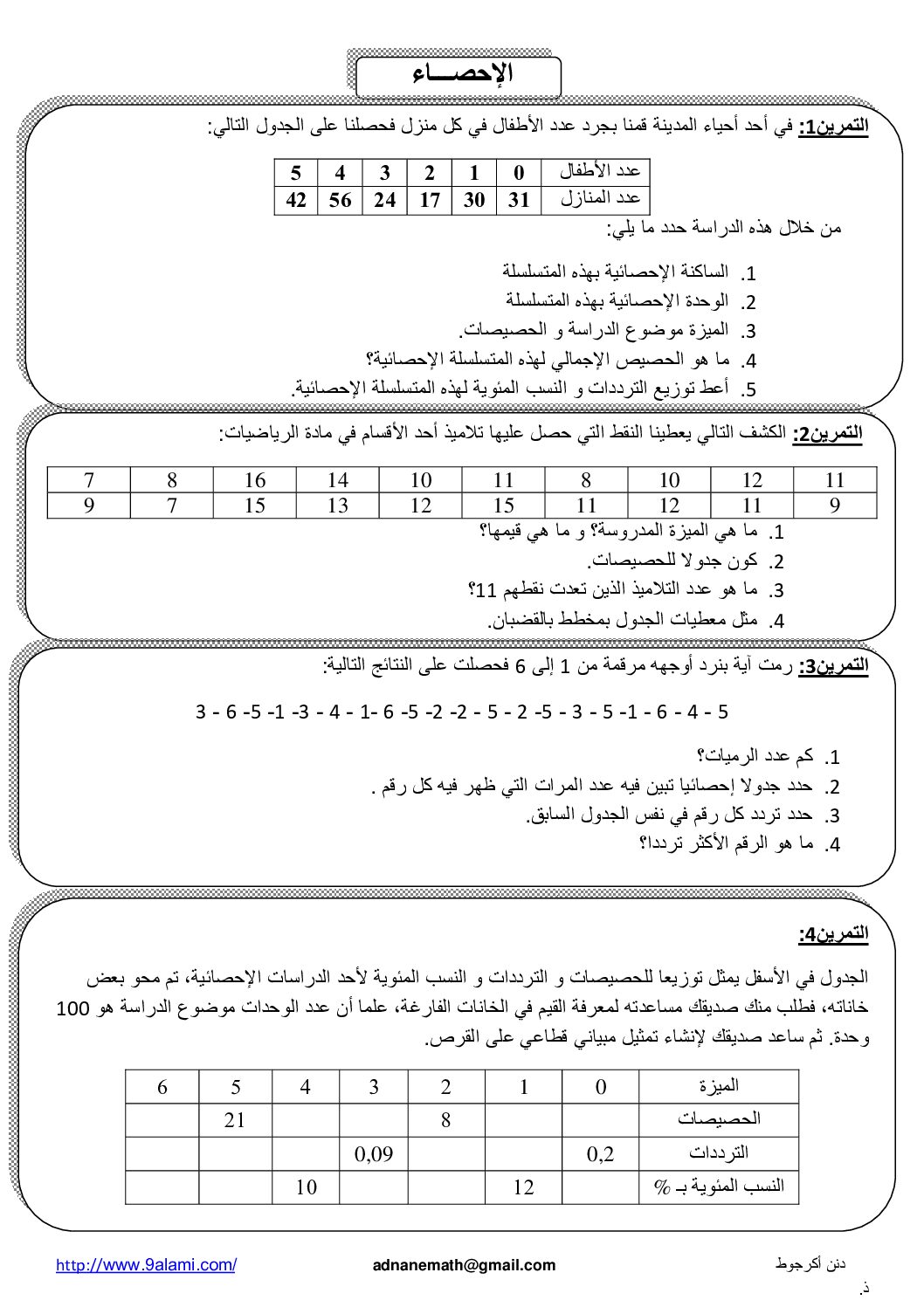المستوى الأول سلسلة تمارين في الإحصاء رياضيات 4 متوسط