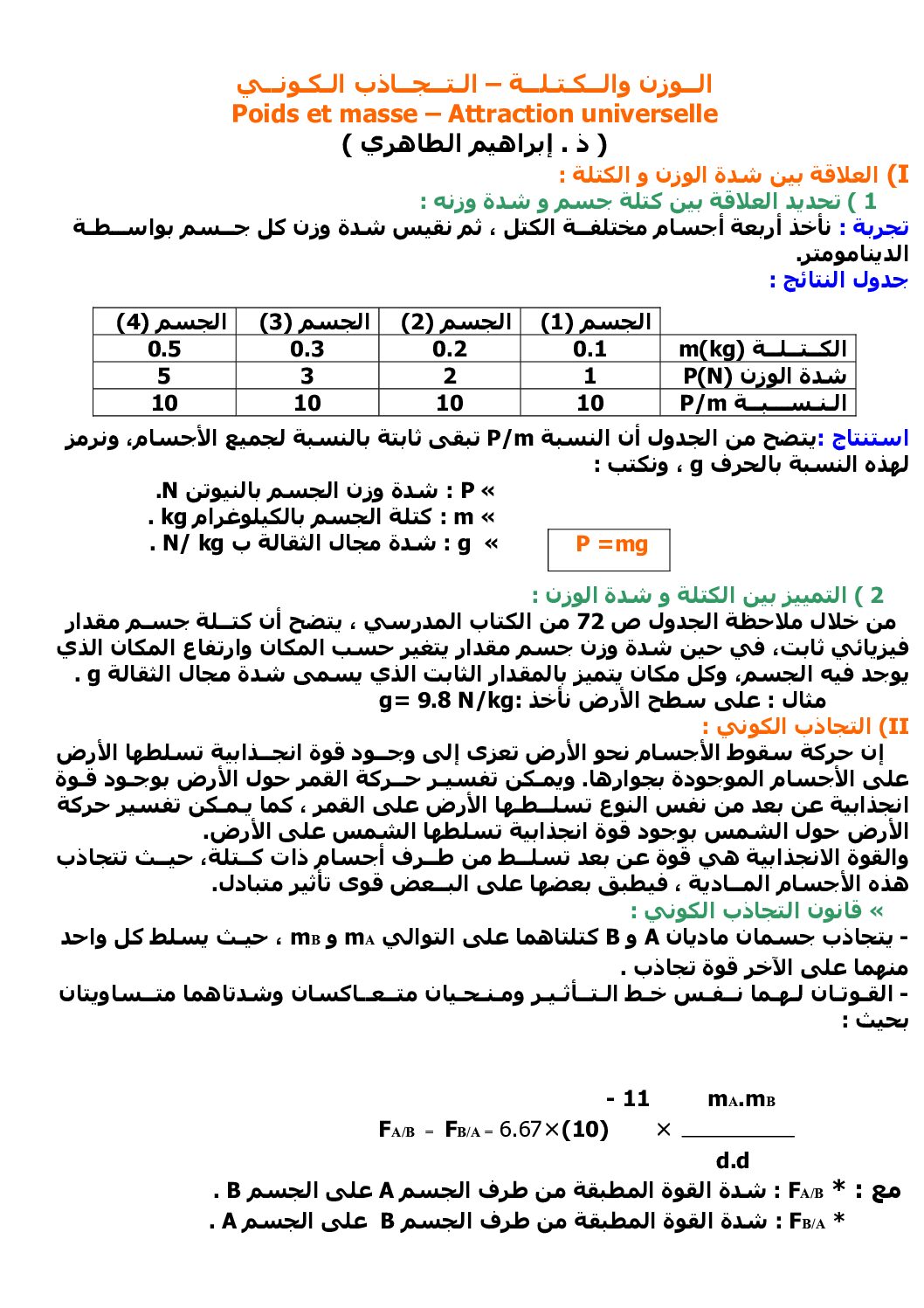 المستوى الثالث درس التجاذب الكوني علوم فيزيائية 4 متوسط