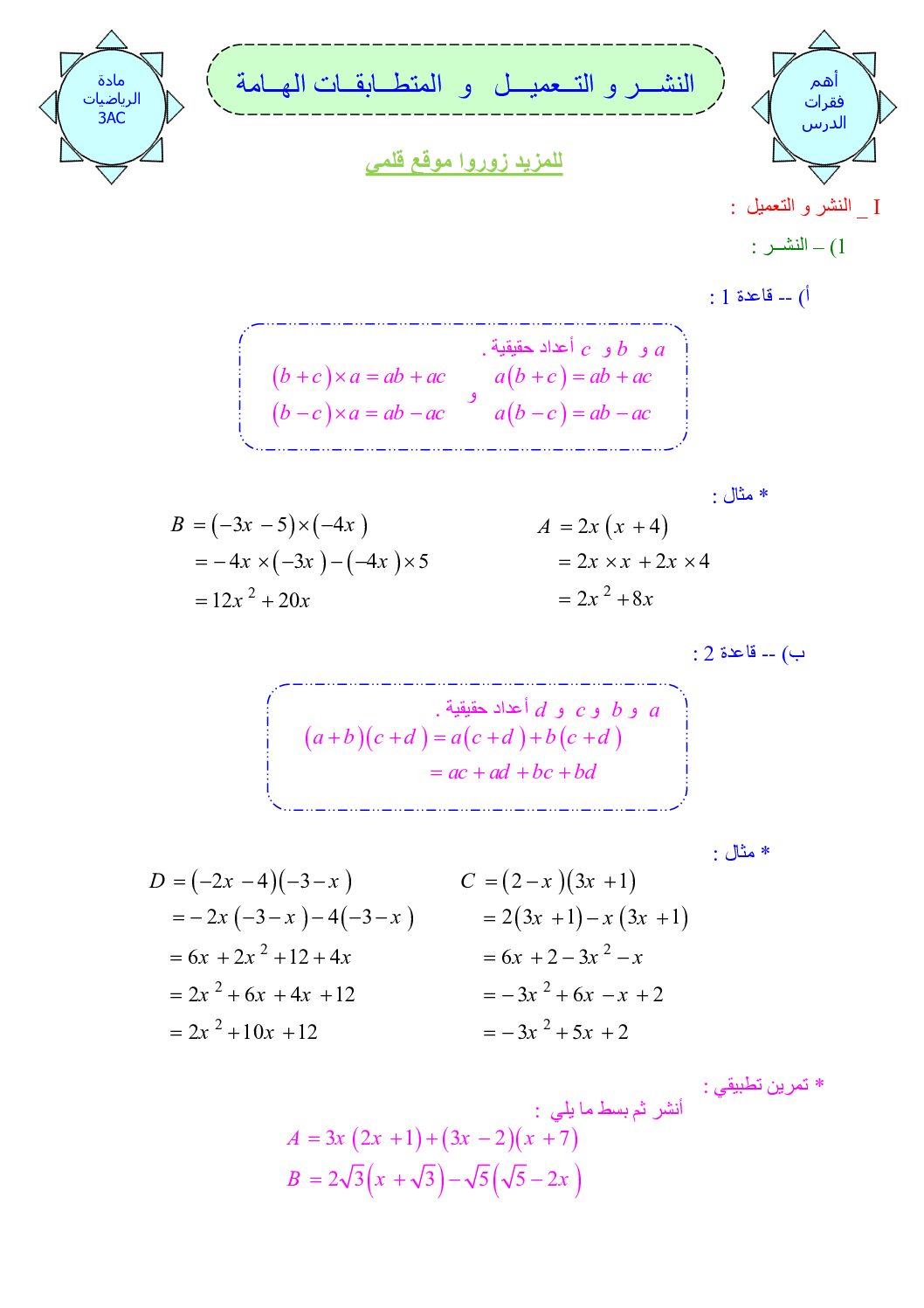 المستوى الثالث درس النشر و التحليل و المتطابقات الشهيرة رياضيات 4 متوسط