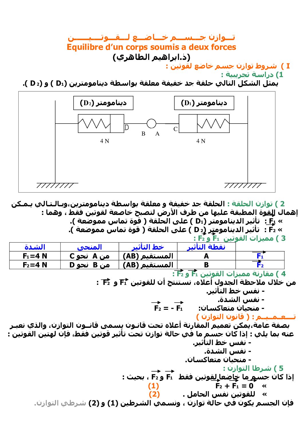 المستوى الثالث درس توازن جسم خاضع لقوتين علوم فيزيائية 4 متوسط