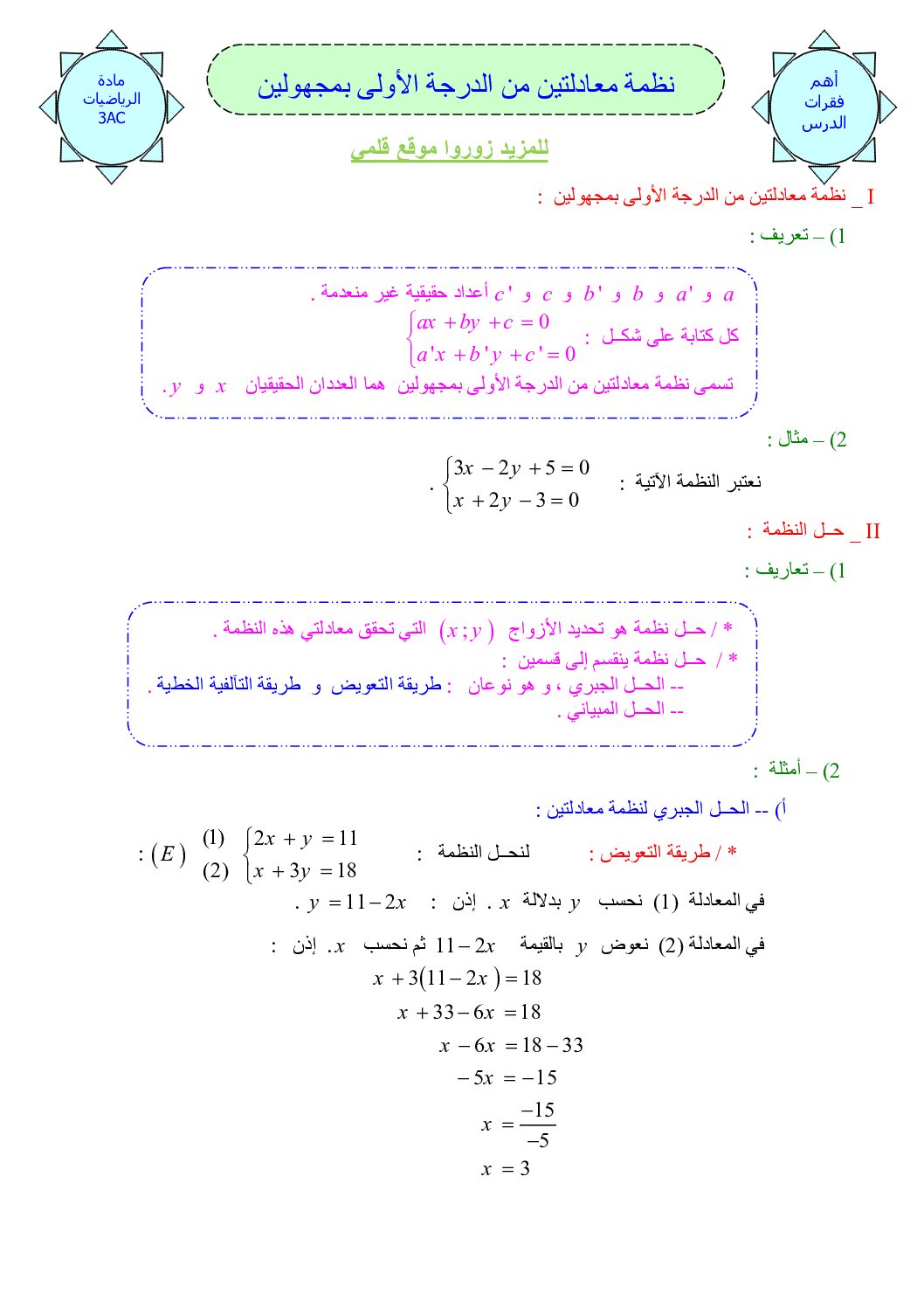 المستوى الثالث درس جملة معادلتين من الدرجة الأولى بمجهولين رياضيات 4 متوسط