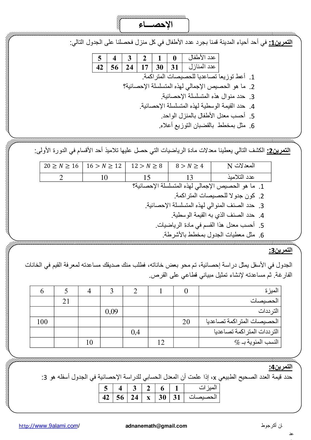 المستوى الثالث سلسلة تمارين في الإحصاء رياضيات 4 متوسط