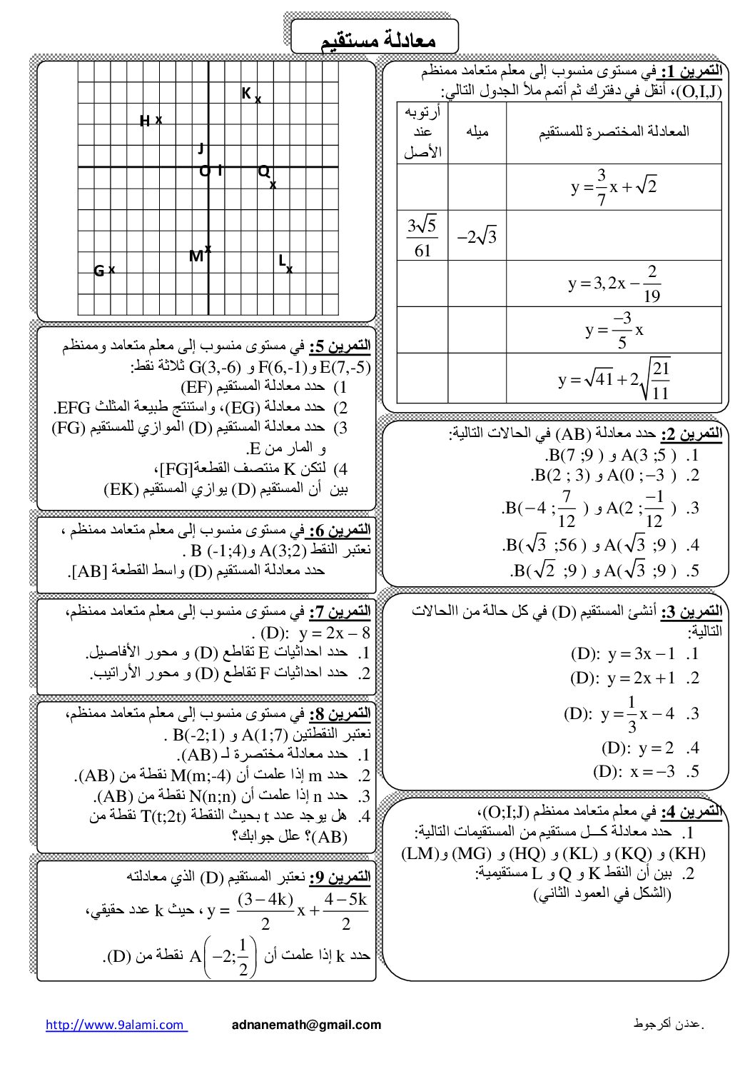 المستوى الثالث سلسلة تمارين في معادلة مستقيم رياضيات 4 متوسط