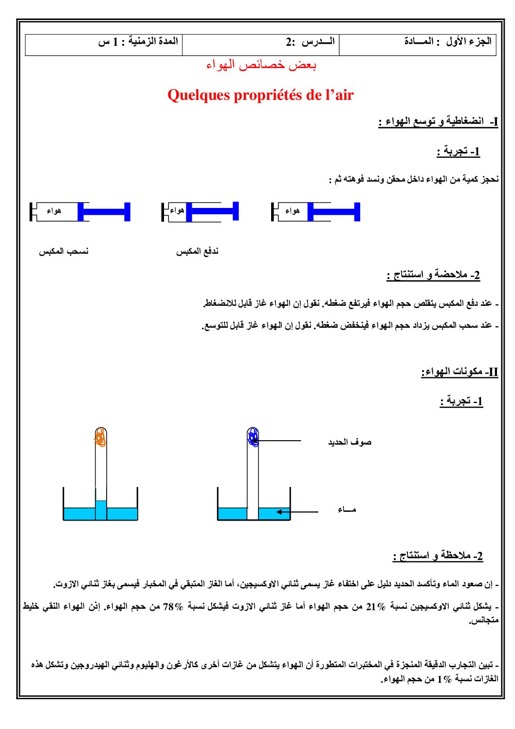 المستوى الثاني درس بعض خصائص الهواء علوم فيزيائية 4 متوسط