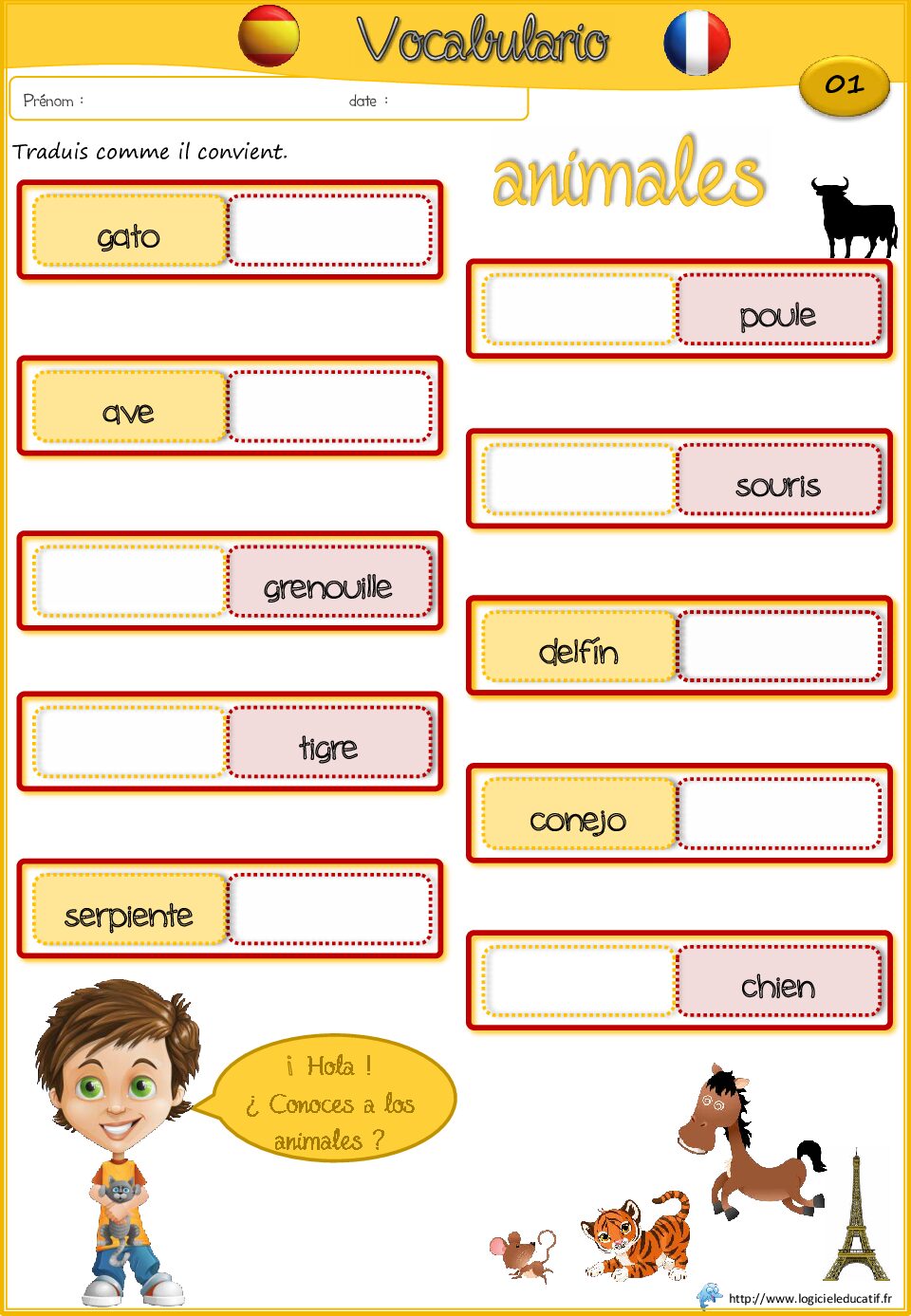 بطاقات لغة إسبانية Les animaux 01