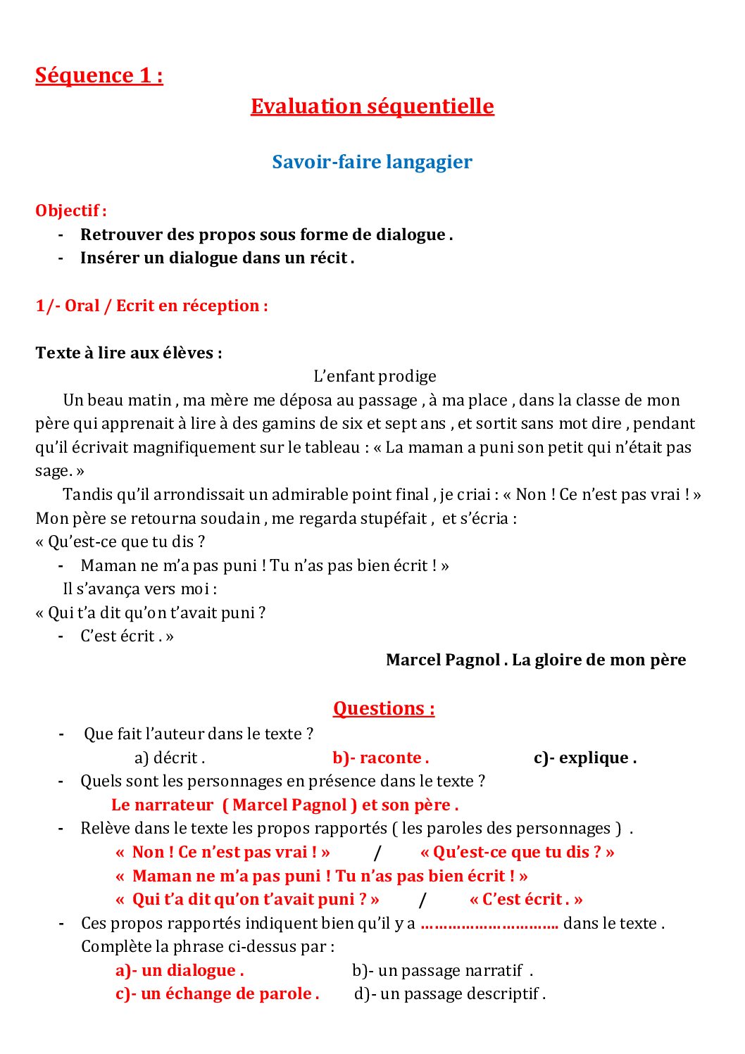 تقويم في اللغة الفرنسية للسنة الرابعة متوسط Evaluation squentielle projet 2 squence 01