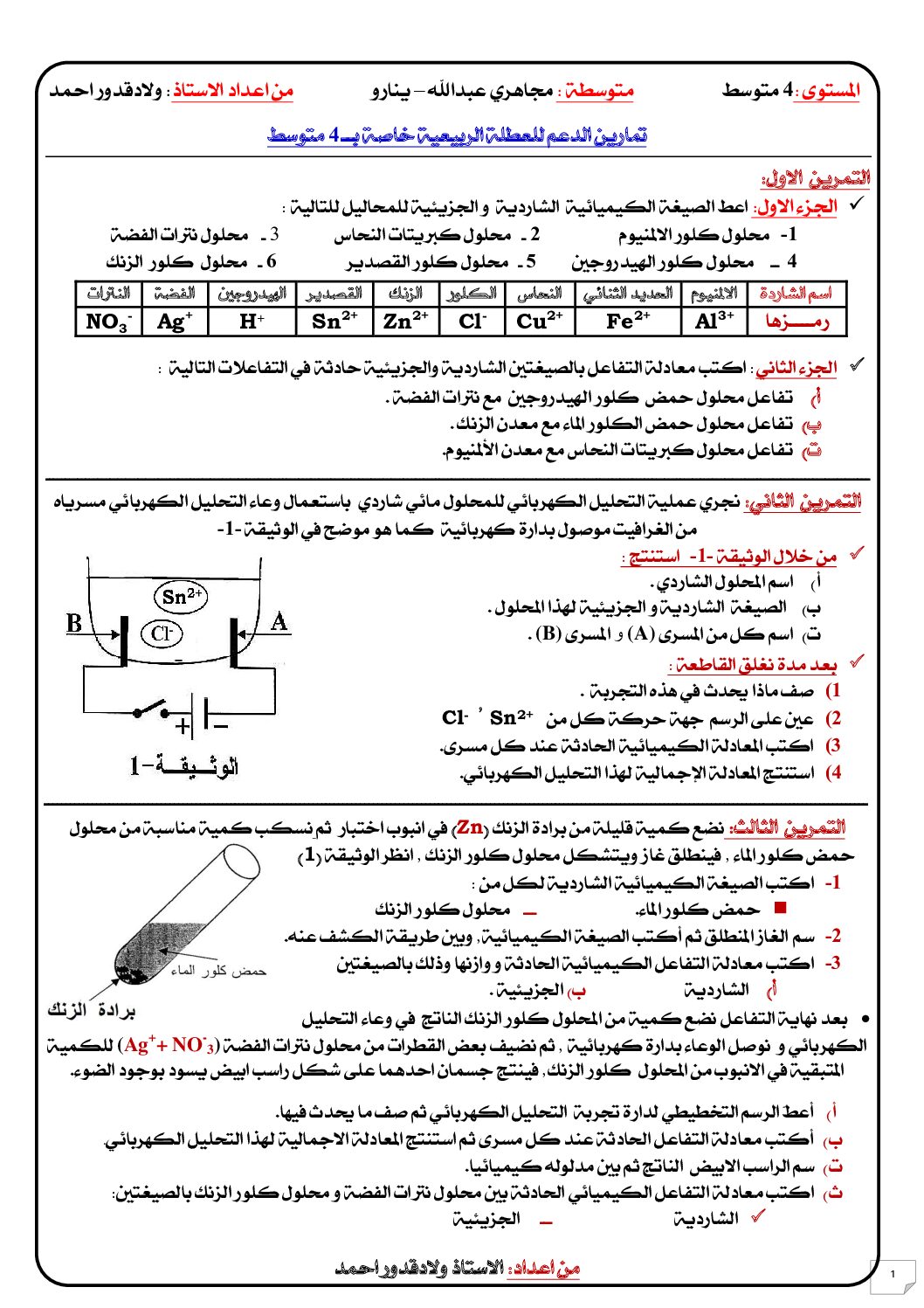تمارين الدعم للعطلة الربيعية في الفيزياء 4 متوسط