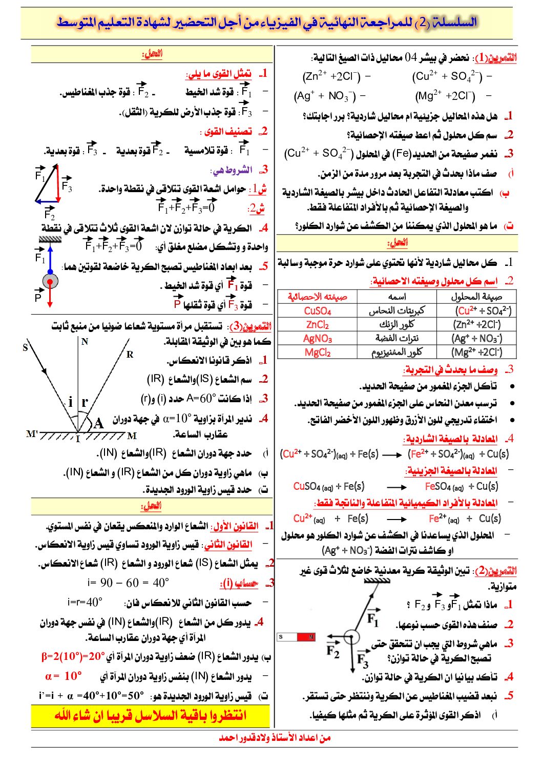 تمارين محلولة للمراجعة النهائية في الفيزياء 4 متوسط
