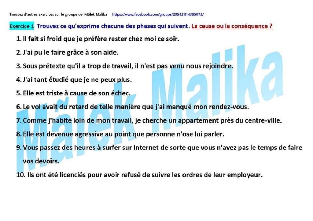 تمارين مع الحل في اللغة الفرنسية 4 متوسط Cause et consquence