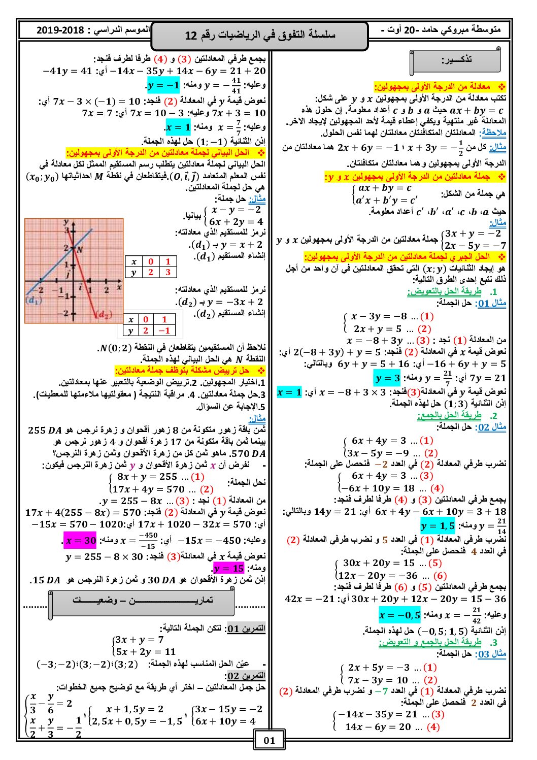 سلسلة التفوق رقم 12 في الرياضيات جملة معادلتين 4 متوسط