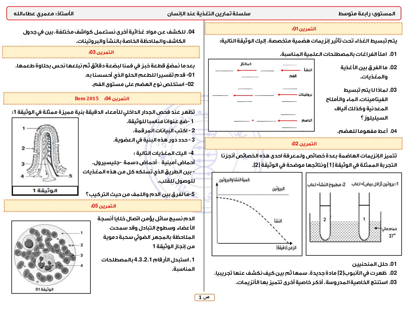 سلسلة تمارين التغذية عند الإنسان للأستاذ معمري عطاءالله 4 متوسط