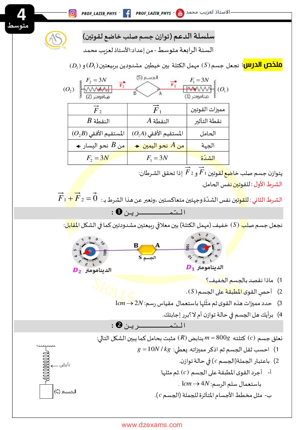 سلسلة تمارين توازن جسم صلب خاضع لقوتين مع الحل 4 متوسط