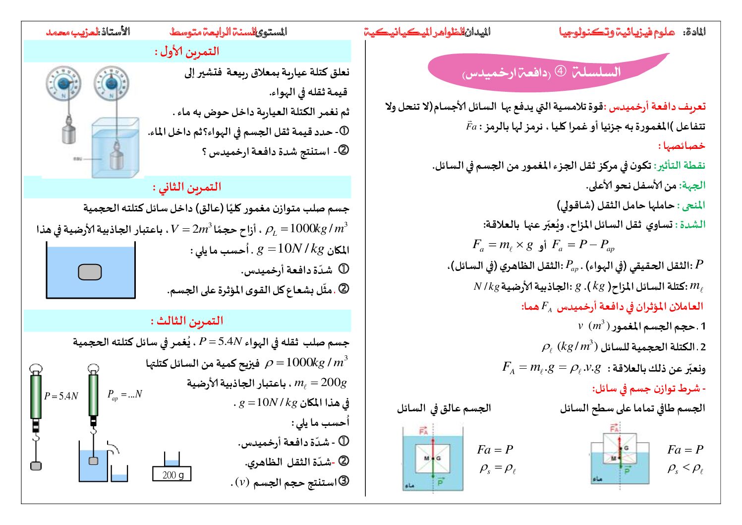سلسلة تمارين في دافعة ارخميدس في مادة العلوم الفيزيائية 4 متوسط