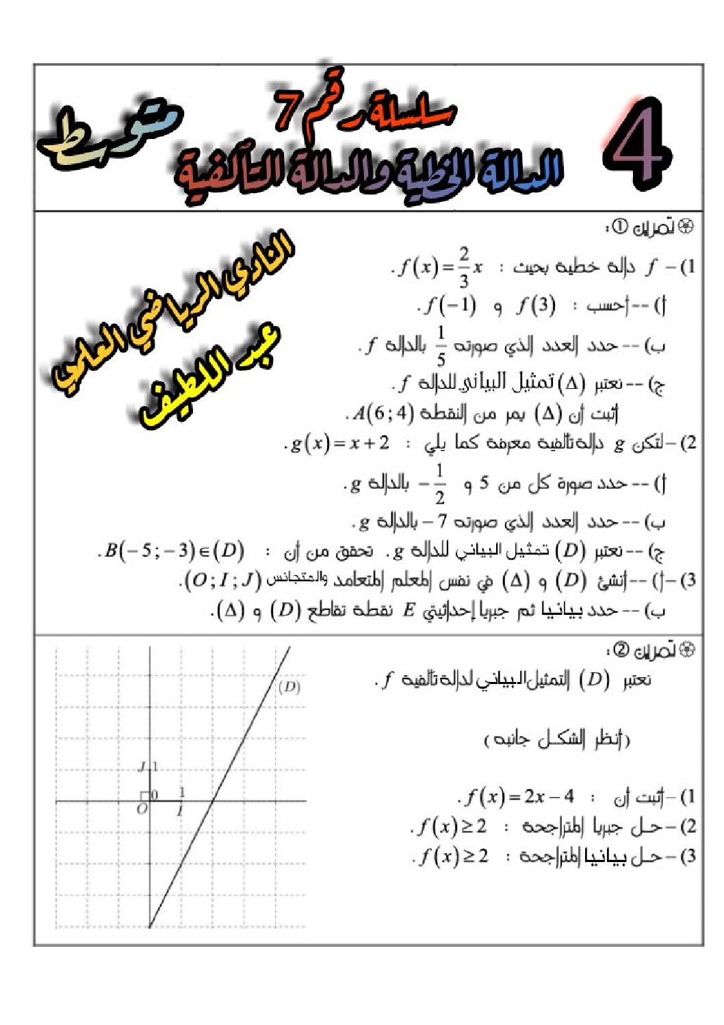 سلسلة تمارين مع الحلول حول الدالة الخطية و الدالة التالفية 4 متوسط