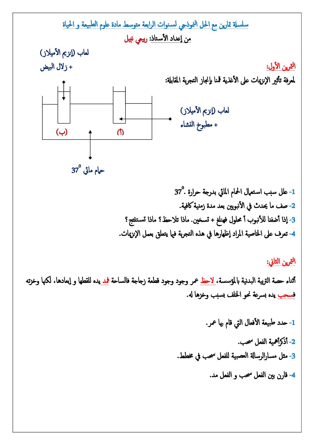 سلسلة تمارين مع الحل النموذجي في مادة علوم الطبيعة و الحياة 4 متوسط