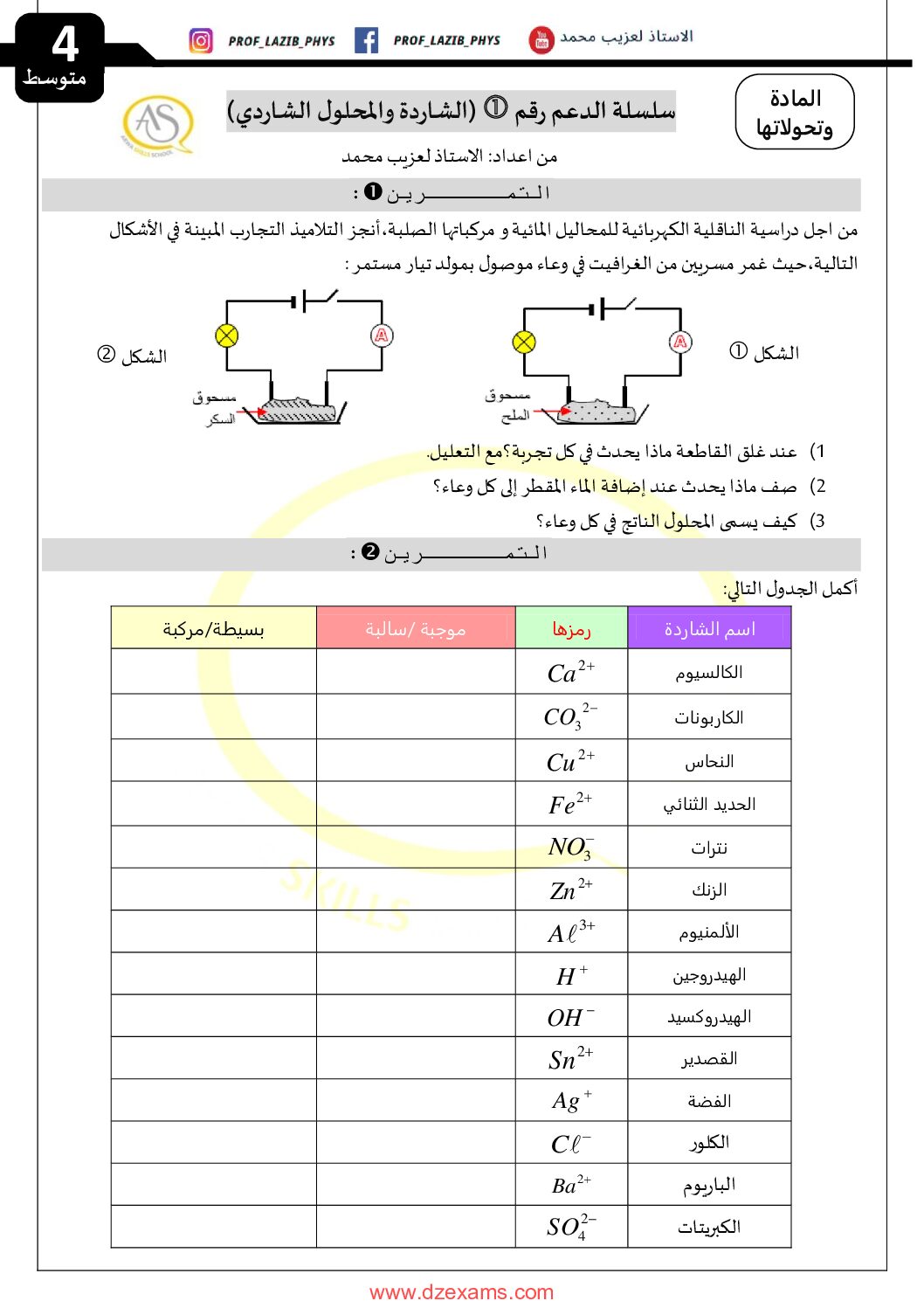 سلسلة تمارين مع الحل حول الشاردة والمحلول الشاردي للاستاذ لعزيب محمد 4 متوسط