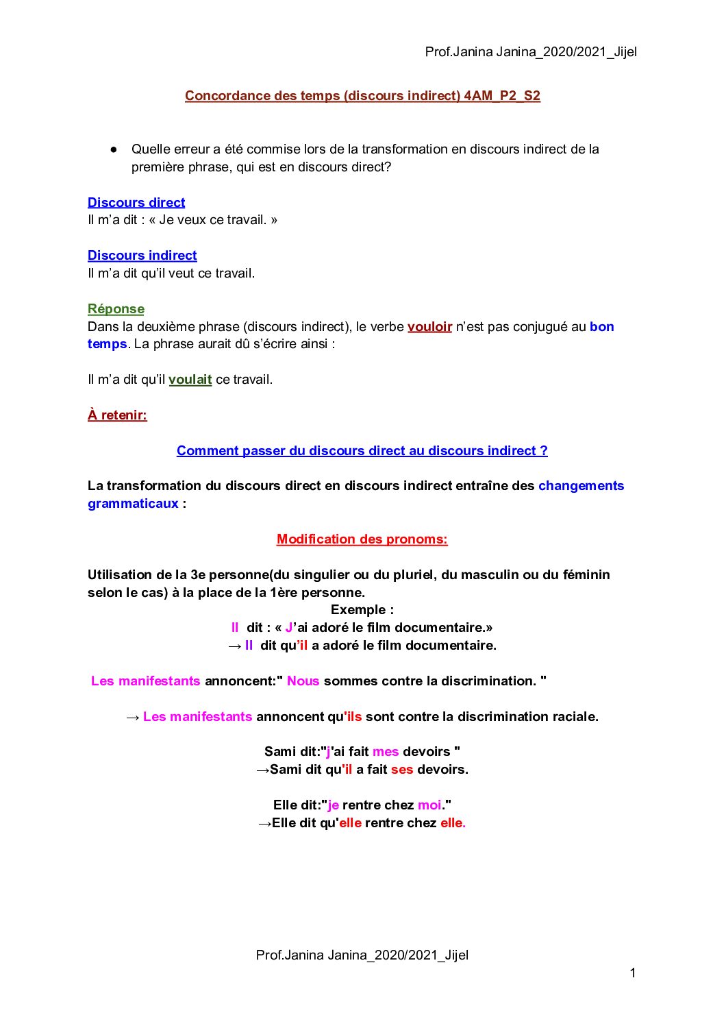 شرح درس في اللغة الفرنسية 4 متوسط Concordance des temps discours indirect