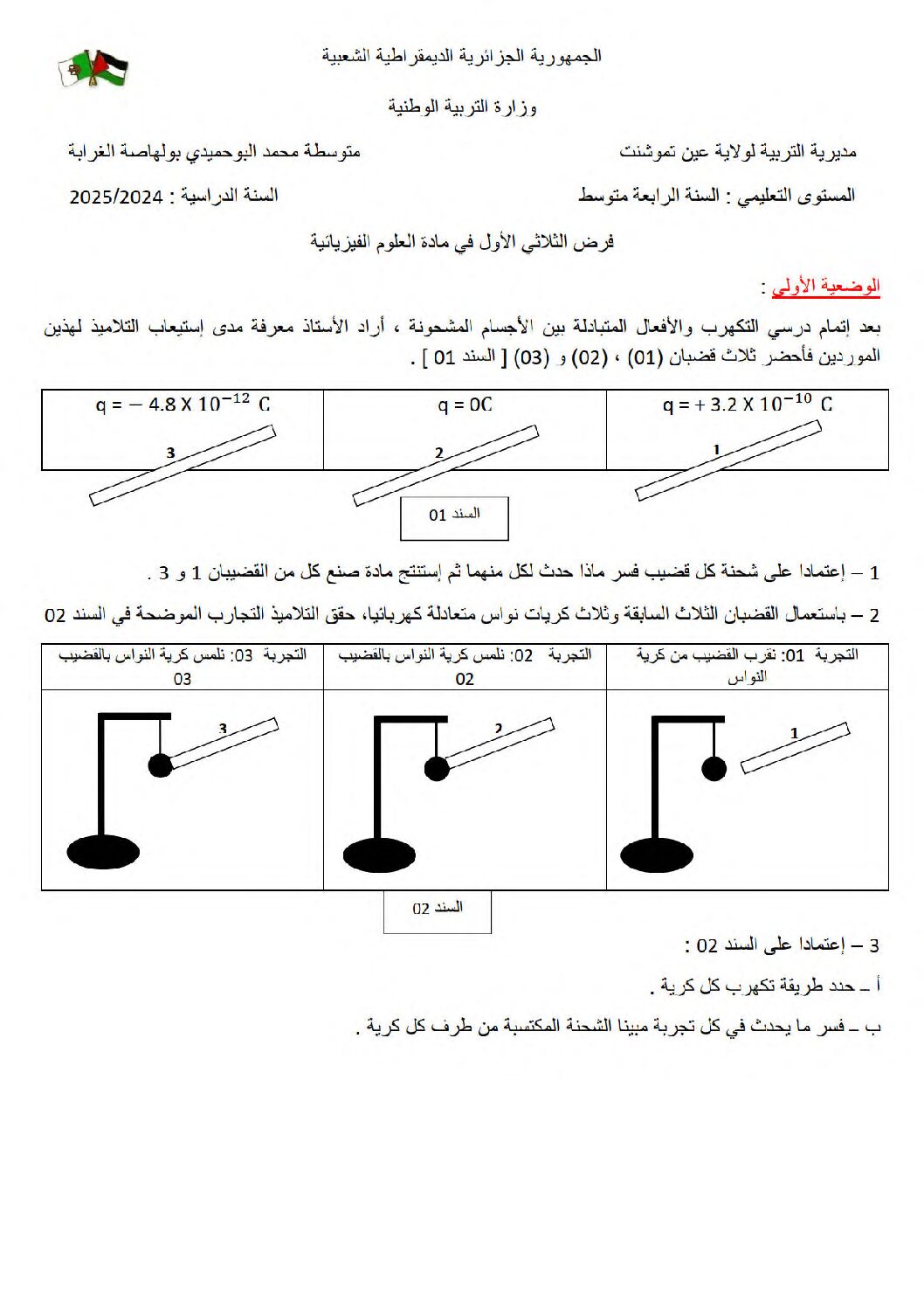 فرض في العلوم الفيزيائية الفصل الأول السنة الرابعة متوسط رقم 88