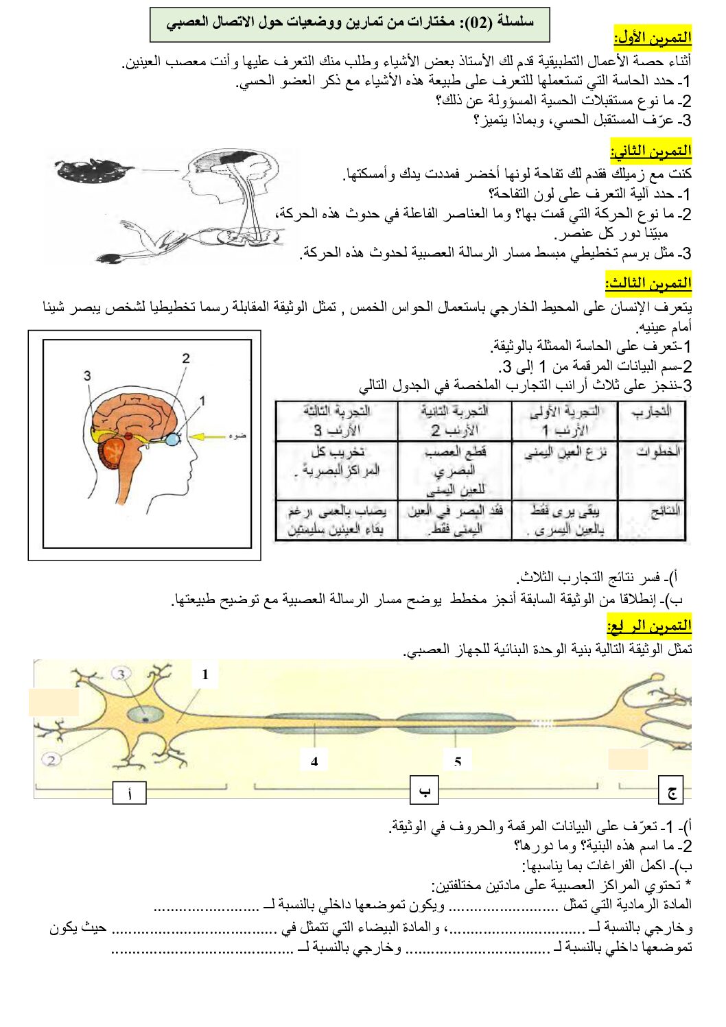 مجموعة تمارين لمقطع الاتصال العصبي مع الحلول في العلوم الطبيعية 4 متوسط