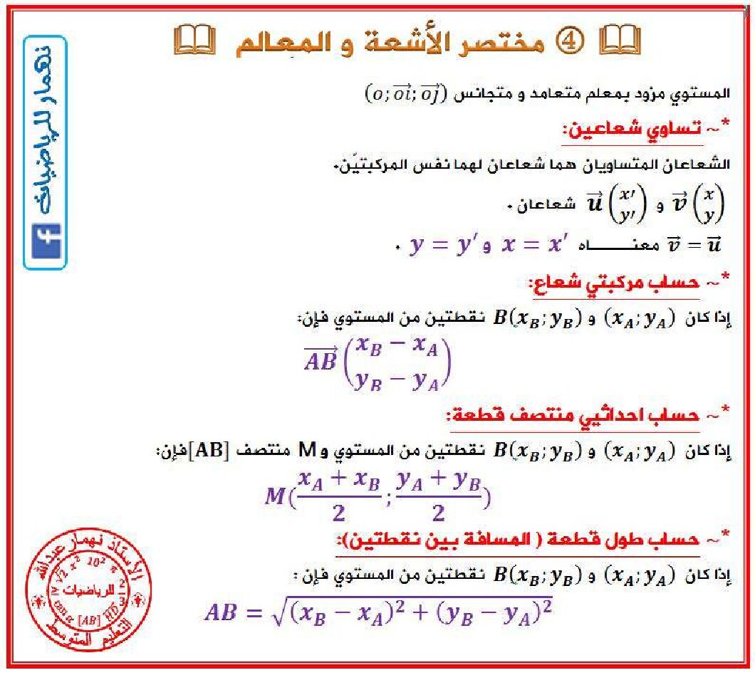 مختصر الأشعة و المعالم في مادة الرياضيات 4 متوسط