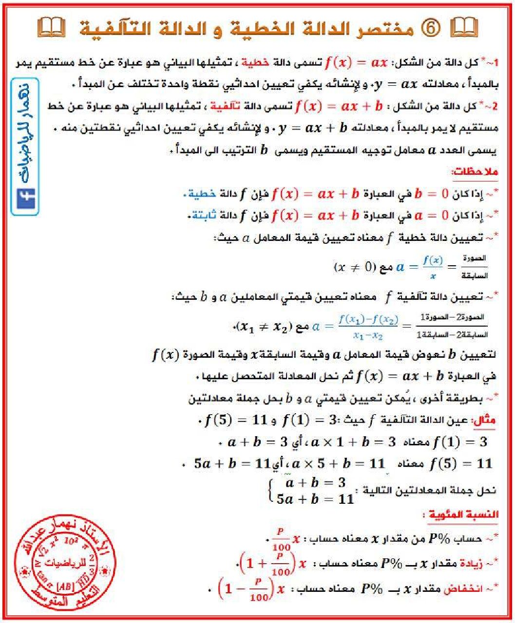 مختصر الدالة الخطية والدالة التالفية في الرياضيات 4 متوسط
