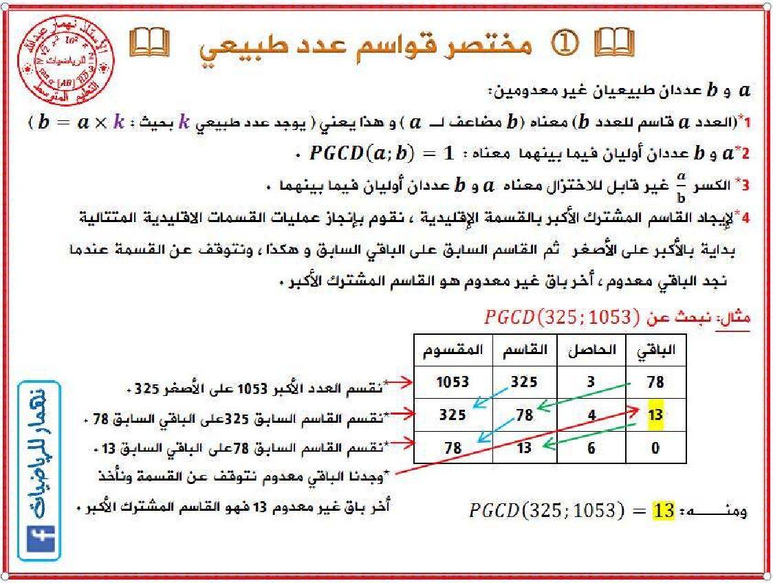 مختصر درس قواسم عدد طبيعي في مادة الرياضيات 4 متوسط