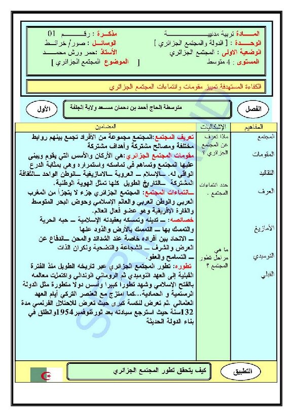 مذكرات دروس التربية المدنية للأستاذ حمر ورش محمد 4 متوسط