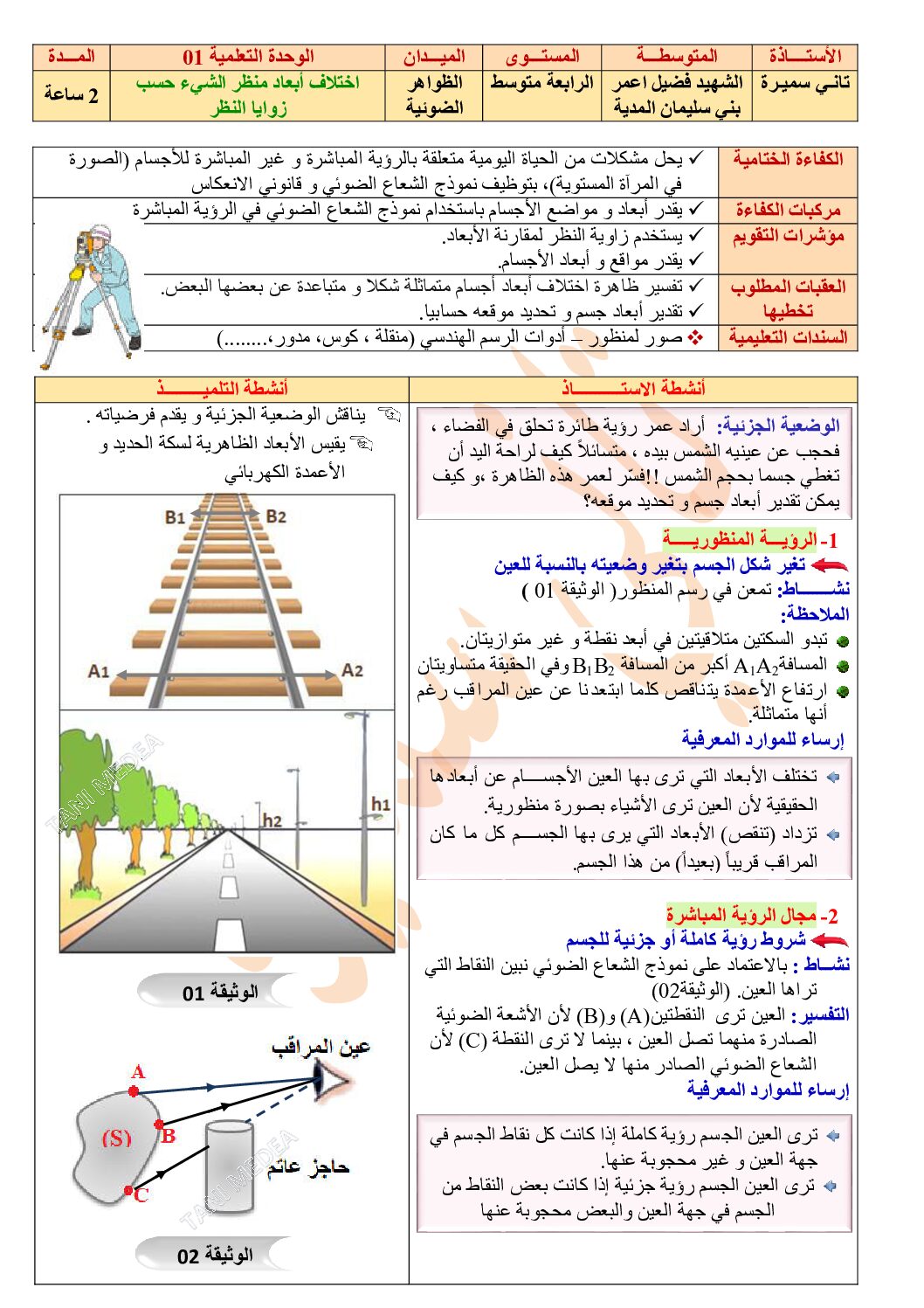 مذكرات ميدان الظواهر الضوئية في الفيزياء للأستاذة تاني سميرة 4 متوسط