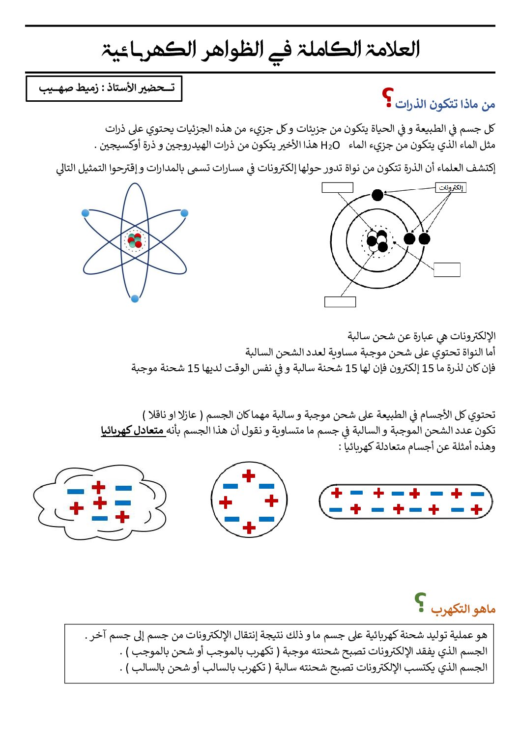 ملخص الجزء الأول من مجال التكهرب في مادة الفيزياء 4 متوسط