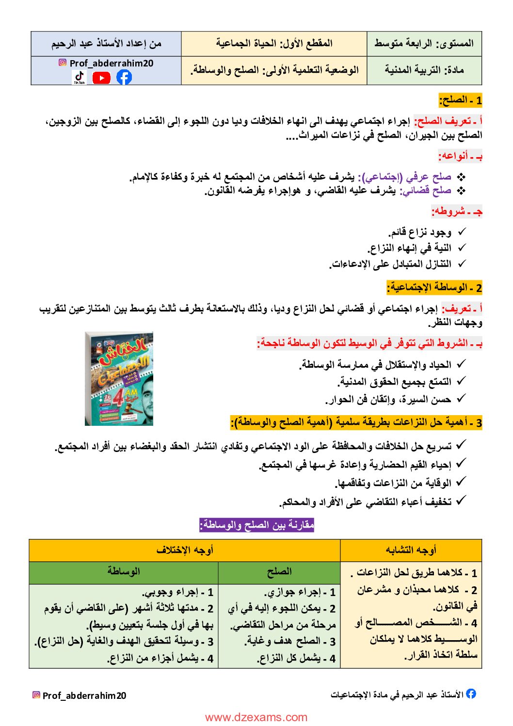 ملخص الوضعية الأولى في التربية المدنية الصلح والوساطة من إعداد الأستاذ عبد الرحيم 4 متوسط