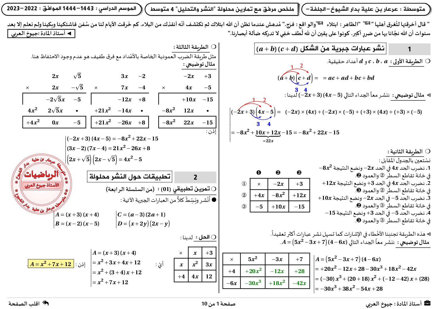 ملخص حول النشر والتحليل مع تمارين محلولة بالتفصيل في الرياضيات 4 متوسط