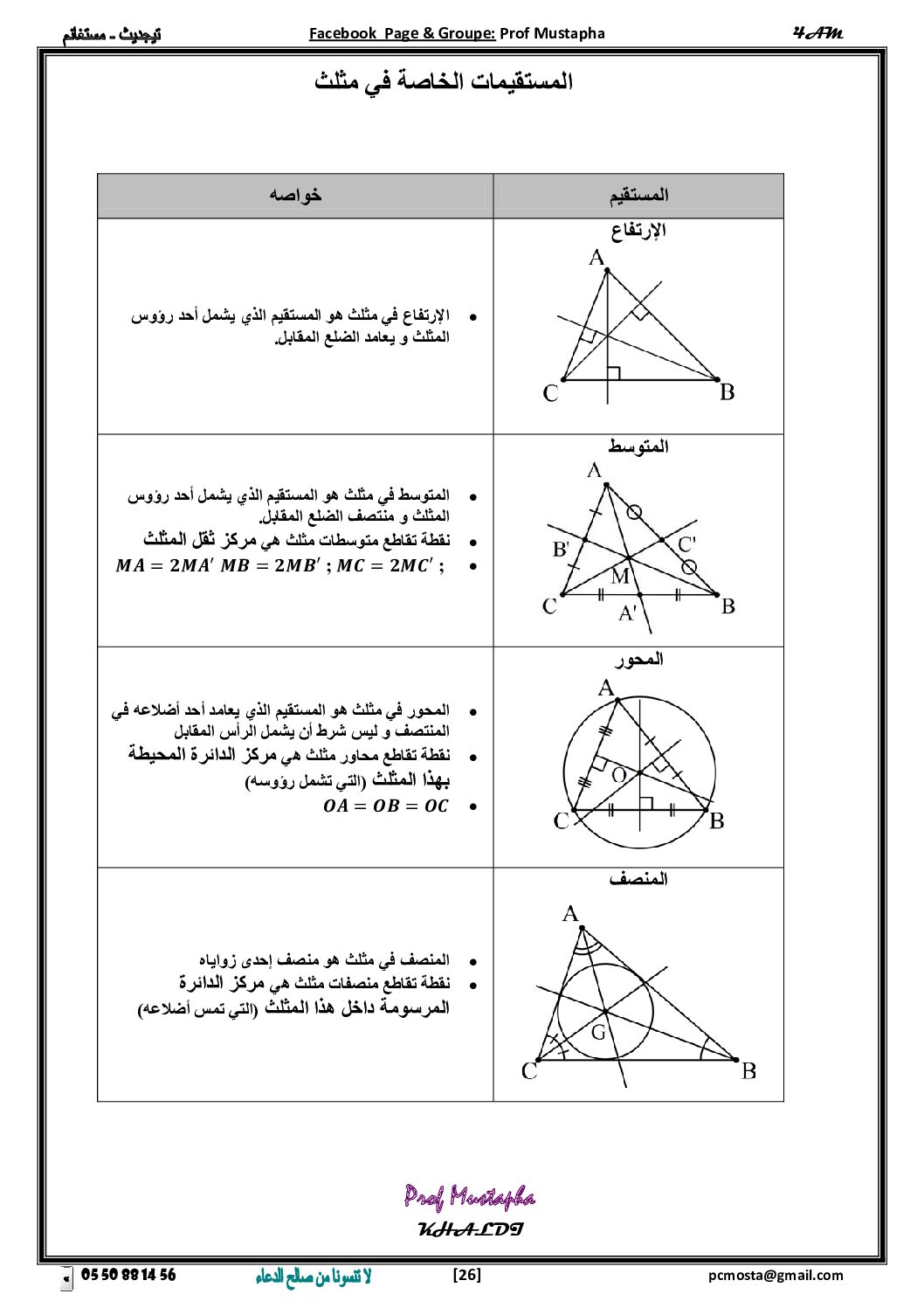 ملخص درس المستقيمات الخاصة في مثلث للأستاذ مصطفى خالدي 4 متوسط