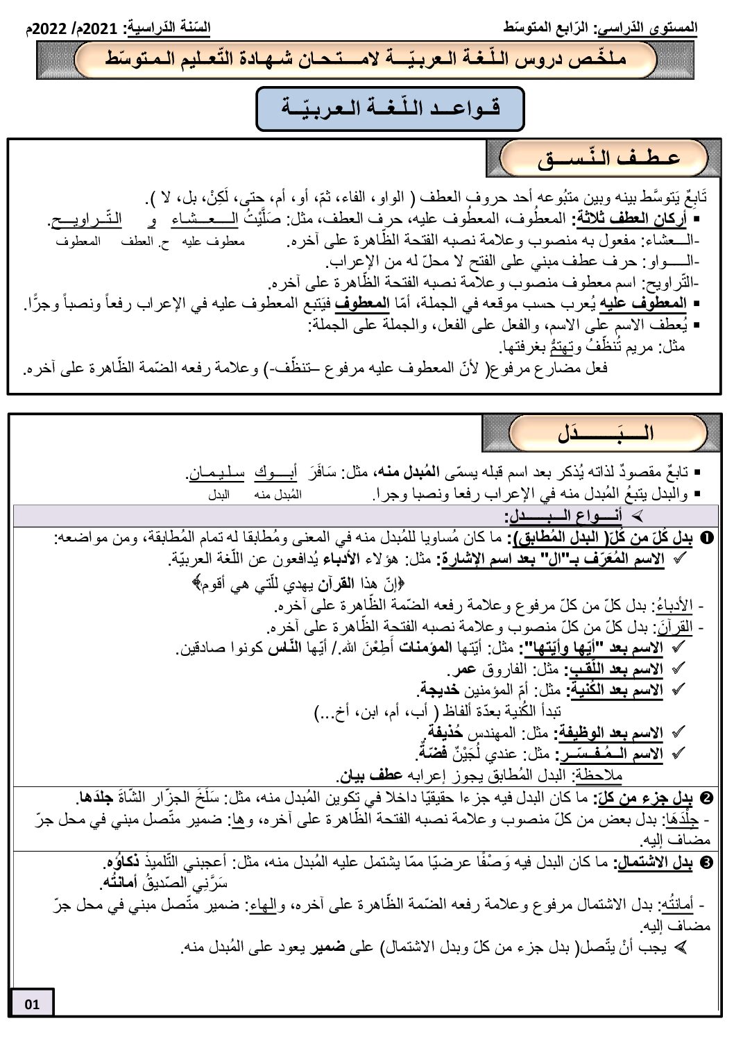 ملخص دروس اللغة العربية من إعداد الأستاذ اسماعيل حلبيق 4 متوسط