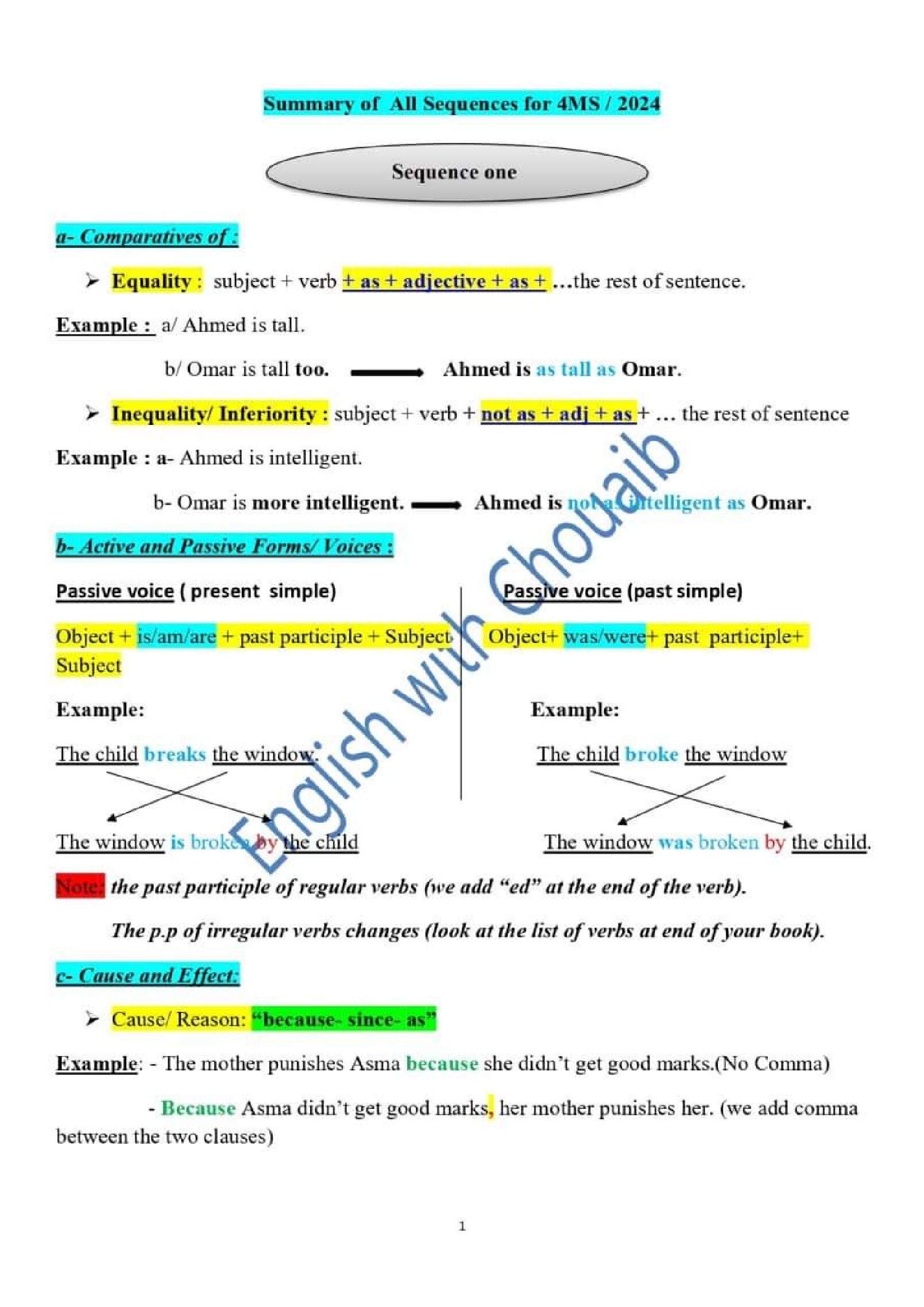 ملخص دروس قواعد اللغة الانجليزية للاستاذ شعيب 4 متوسط