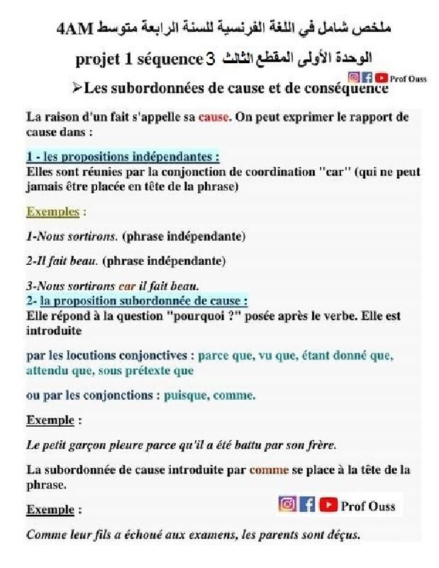 ملخص شامل في اللغة الفرنسية 4 متوسط Projet 1 squence 03
