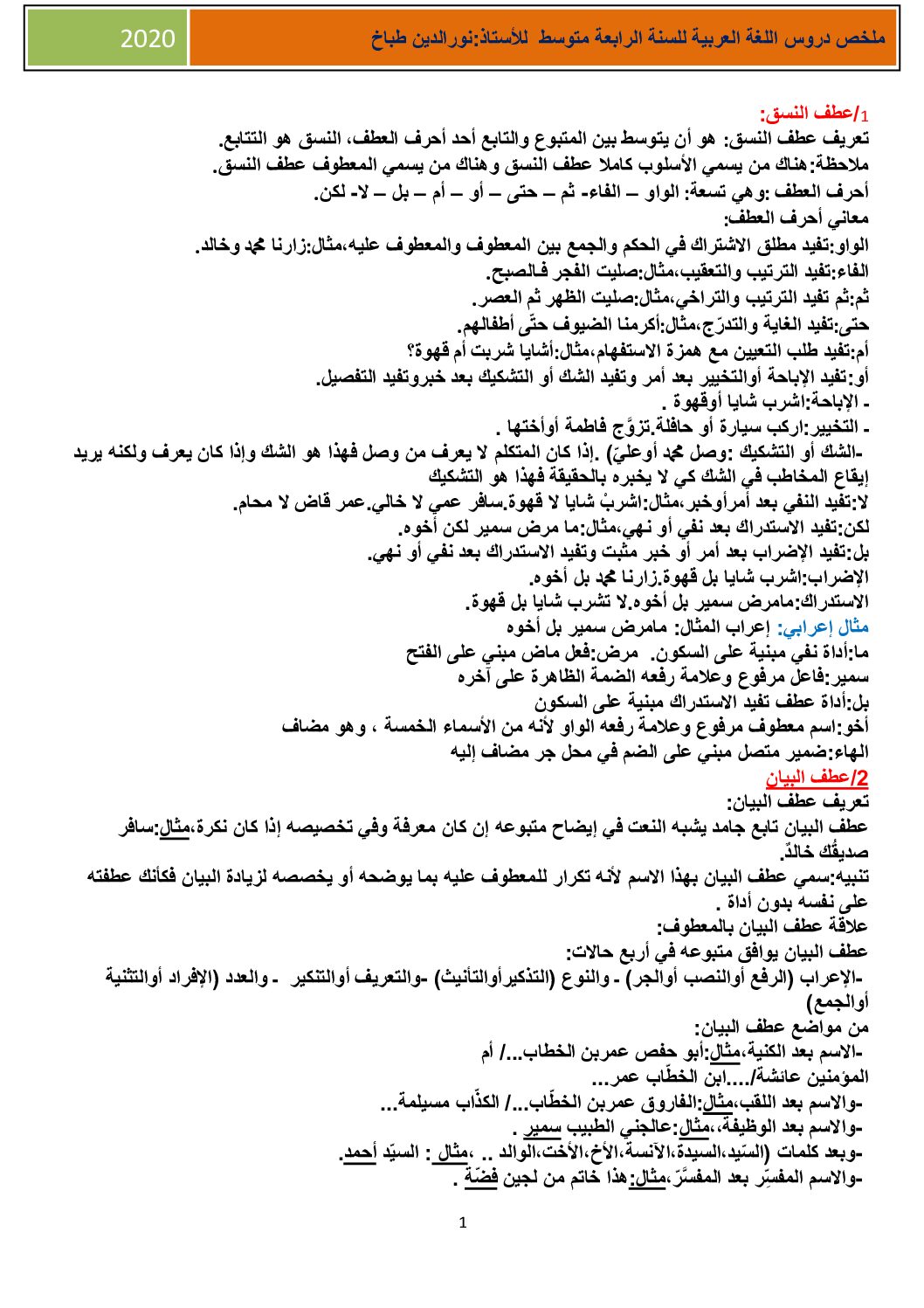 ملخص شامل لدروس اللغة العربية للاستاذ نور الدين طباخ 4 متوسط
