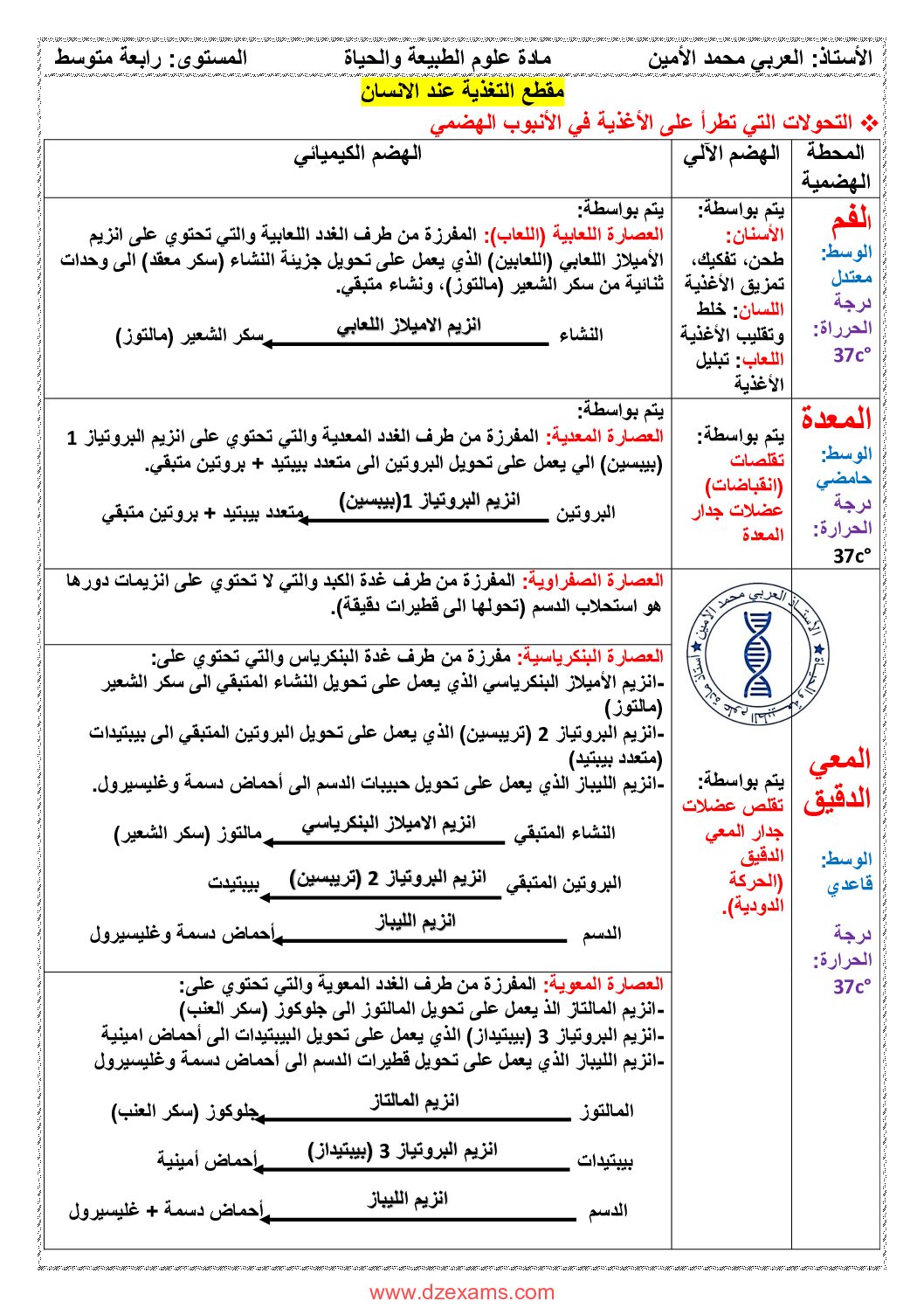 ملخص مقطع التغذية عند الانسان للاستاذ العربي محمد الامين 4 متوسط
