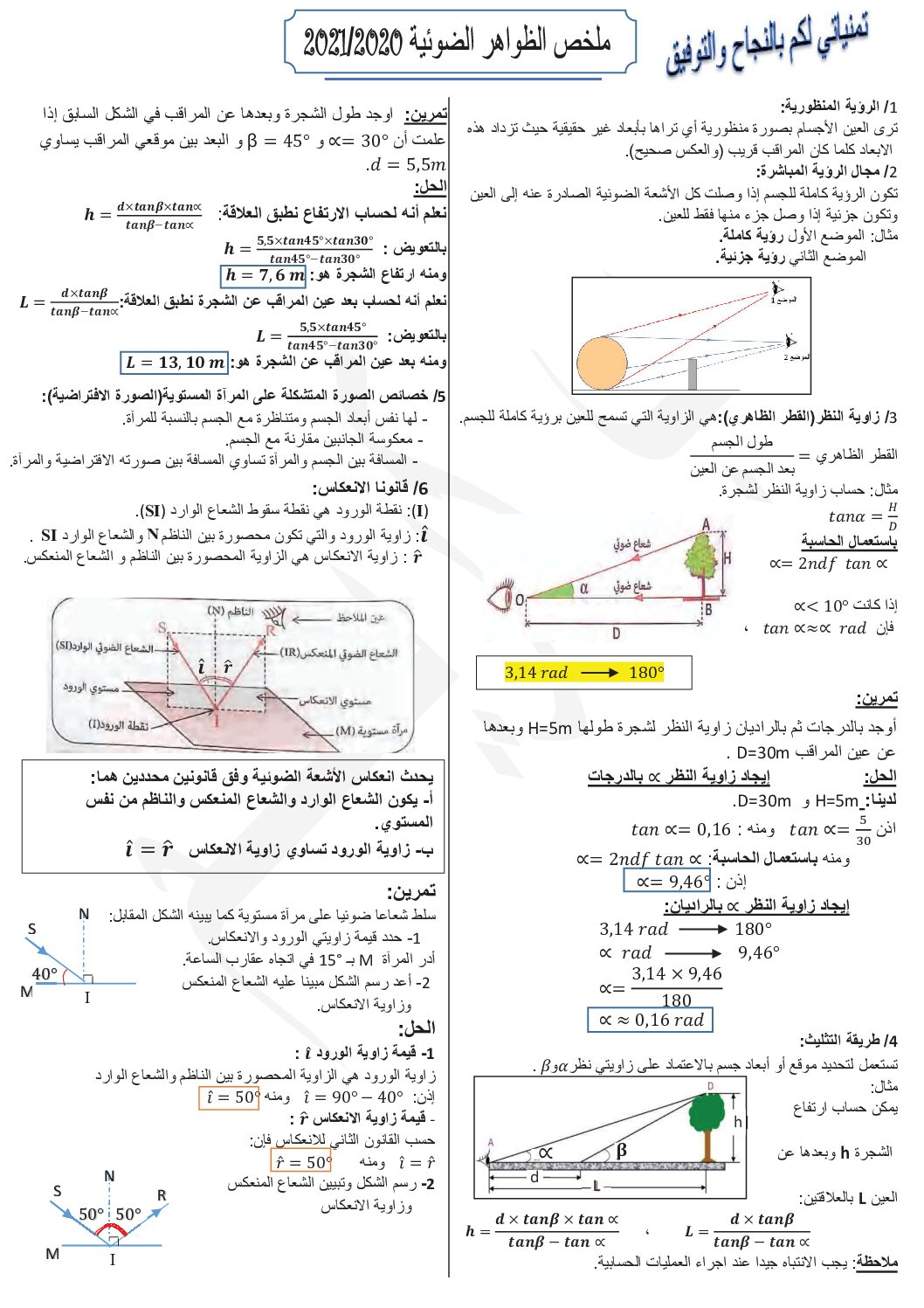 ملخص ميدان الظواهر الضوئية في الفيزياء للأستاذ كريم 4 متوسط